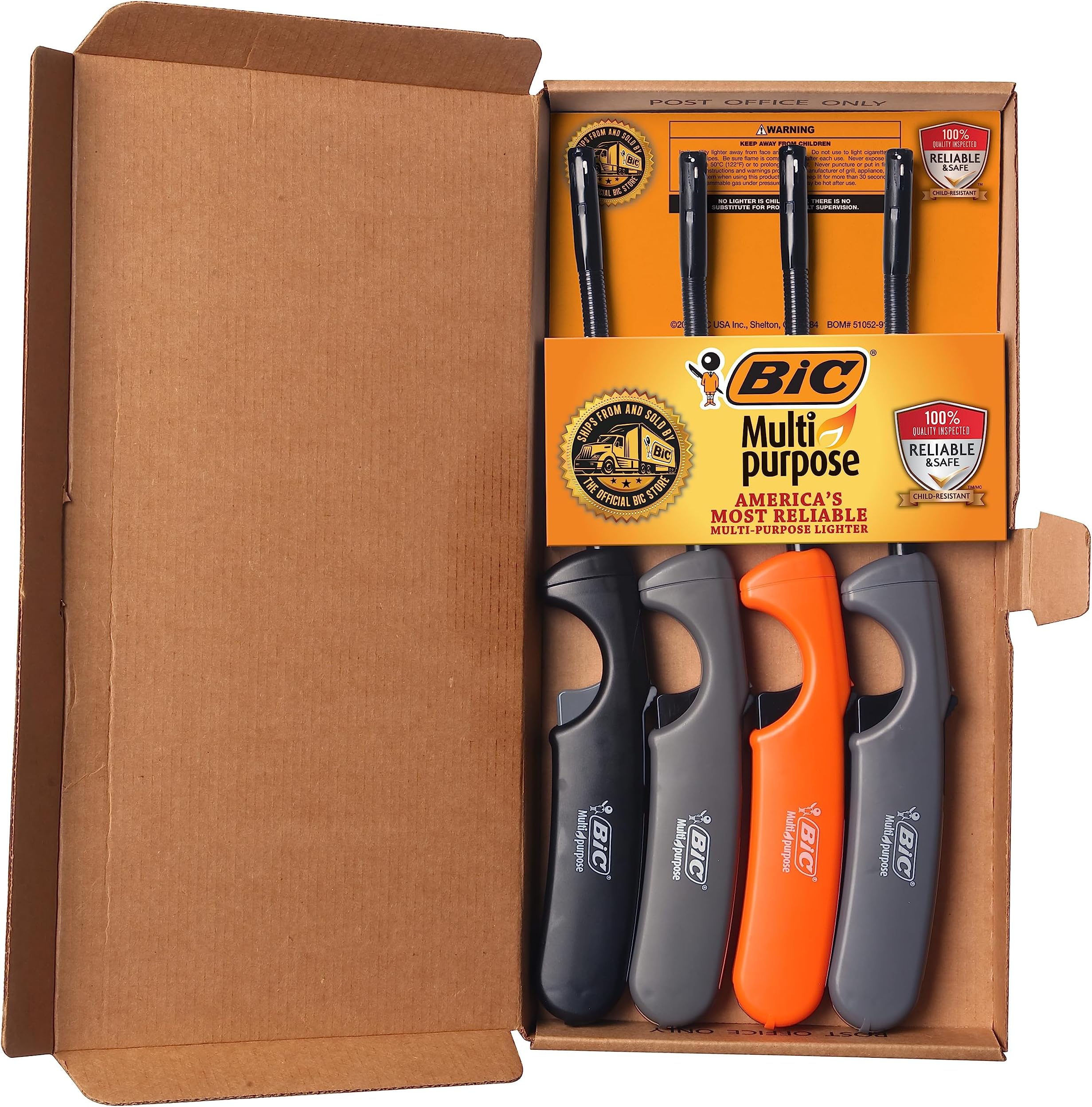 Multi Purpose Lighter with Long Flex Wand, Great Lighter for Candles, Grills and Fireplaces, 4 Count Pack of Lighters, Assorted Colors