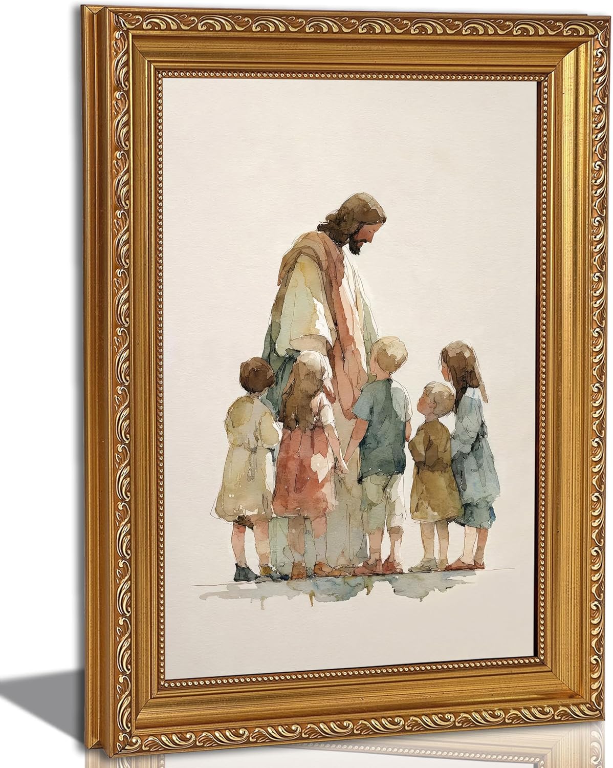 Vintage Gold Framed Wall Art Jesus Children Wall Decor Jesus Teaching Kids Painting Prints Watercolor Christian Child Pictures for Living Prayer Room Bedroom12x16 Inches