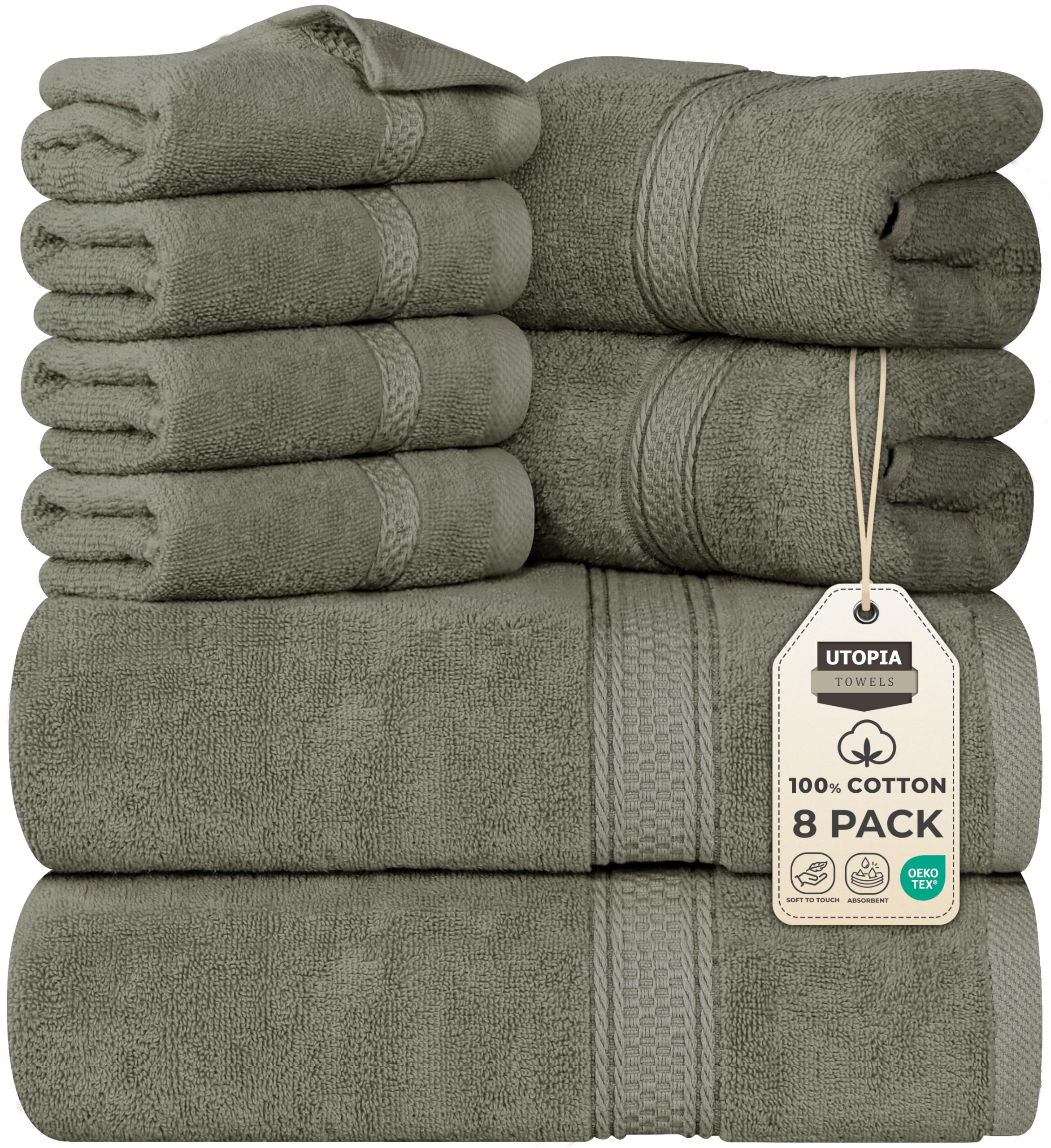Utopia Towels 8 Piece Premium Towel Set, 2 Bath, 2 Hand, and 4 Wash Cloths, 600 GSM 100% Ring Spun Cotton, Highly Absorbent Towels for Bathroom, Gym, Hotel, and Spa, Dusty Olive