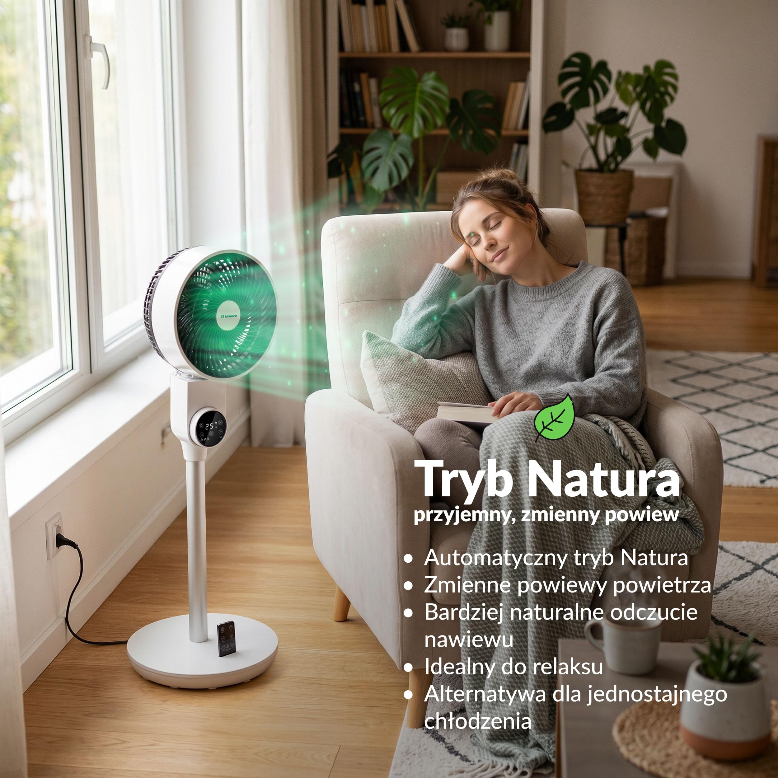 LEHMANN Wentylator stojący, cichy wentylator z trybem uśpienia i trybem naturalnym, timer 12 h, pilot zdalnego sterowania, wyświetlacz LED, oscylacja pozioma 75° + ręczne nachylenie pionowe 90°, 3