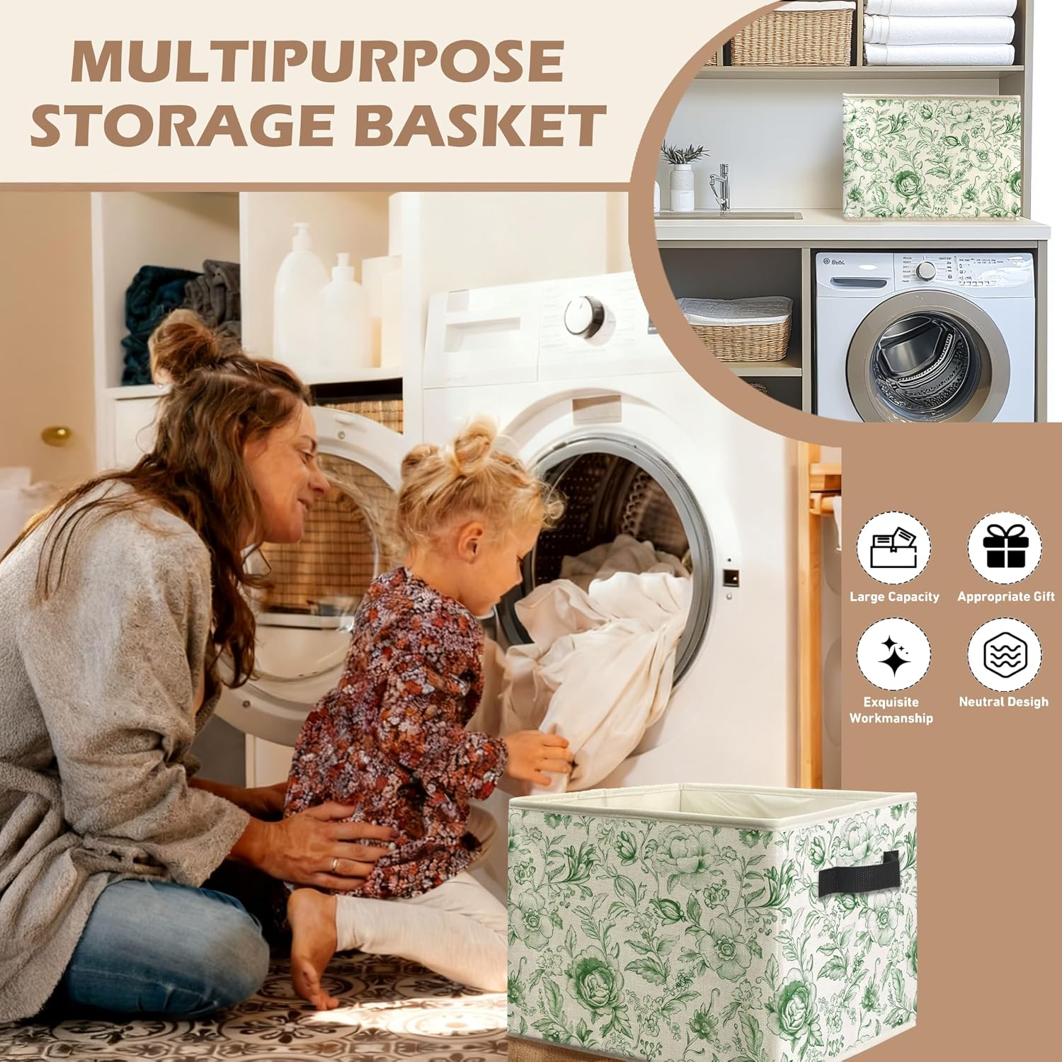 Vintage Green Floral Storage Bin Box with Handles, Rustic Aesthetic Flower Botanical Foldable Linen Fabric Laundry Basket for Home Bedroom Bathroom Clothes Toys Books