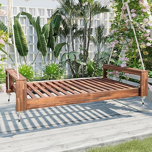 Vista 18 de Merax Columpio de madera de acacia para patio y jardín, sofá cama de día con cuerdas de cáñamo, fácil de montar, color negro