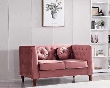 Kittleson Classic Chesterfield Velvet Loveseat Sofa with Elegant Button Tufted Backrest, Square Legs, High-Density Foam & Accent Pillows, 2 Seater Couch for Living Room, Love Seat, Rose