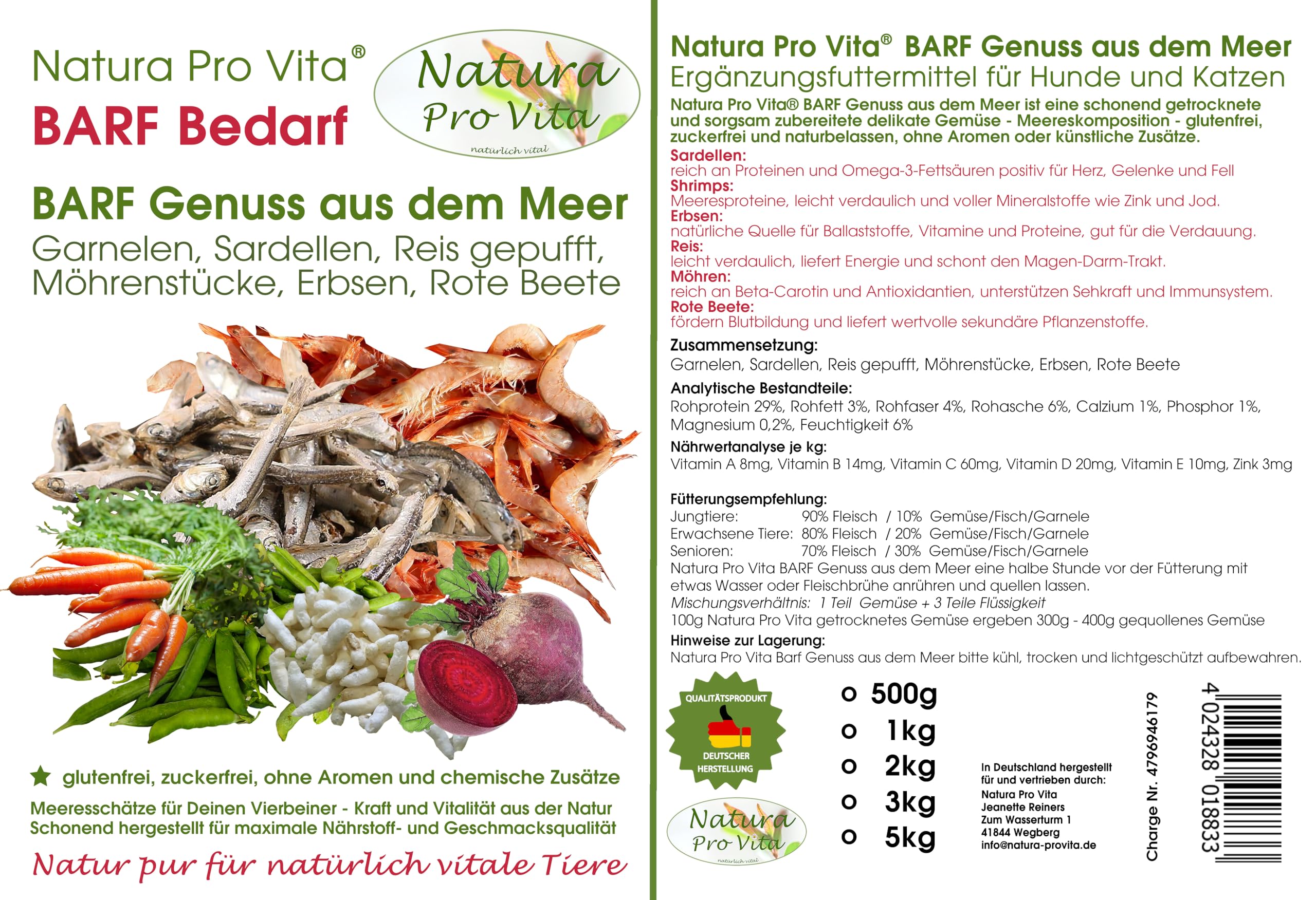 Barf Ergänzung Hund delikate schmackhafte Garnelen Fisch Gemüsemischung Barfgenuss Omega-3 proteinreich 3kg