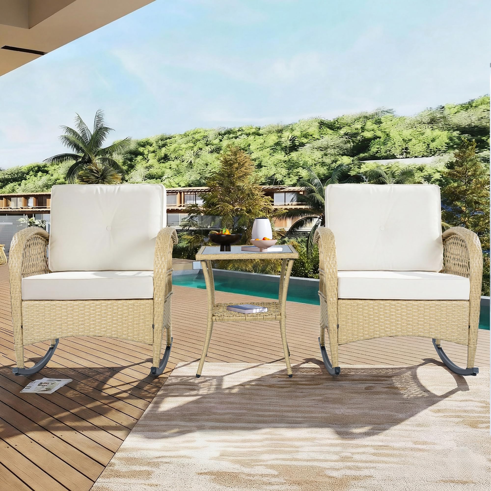 Conjunto de Jardin Exterior de Ratán para 2 Personas, 3 Piezas | Para Terraza Patio, Set Muebles Jardin con Sillones y Mesa de Centro, Mecedora con Cojines, Juego de Muebles de Jardín,Beige