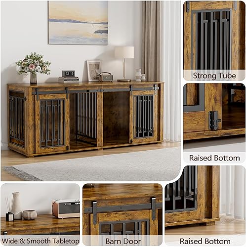 Vista 29 de Mueble grande para 2 perros, jaula de perro con marco de acero de 71.6 pulgadas con puertas dobles, perrera resistente para perros pequeños