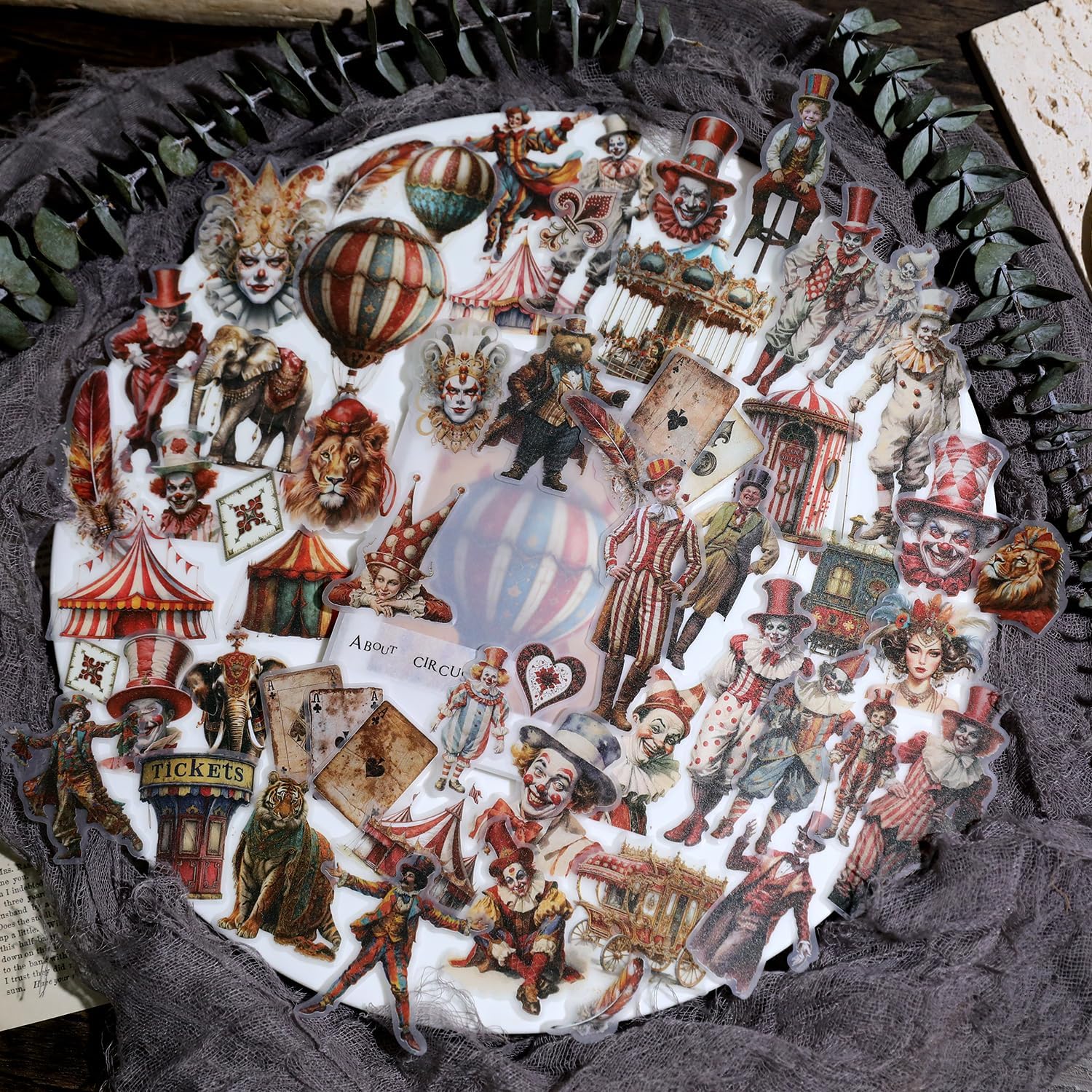 58pcs/Pack Vintage Circus Sticker Sulfuric Acid Paper Sticker Scrapbook Stickers Junk Journal Supplies
