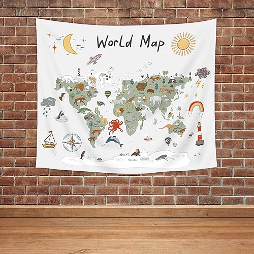Miniatura 8 de Imirell Tapiz de mapa del mundo para niños, 59 pulgadas de ancho x 51 pulgadas de alto, lindo animal de dibujos animados, herramienta de aprendizaje