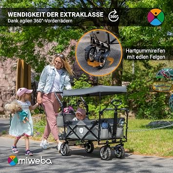 Miweba Folding Handcart for Children Brake Roof Wide Tyre Transport Bag Foldable UV Resistant Handcart Foldable