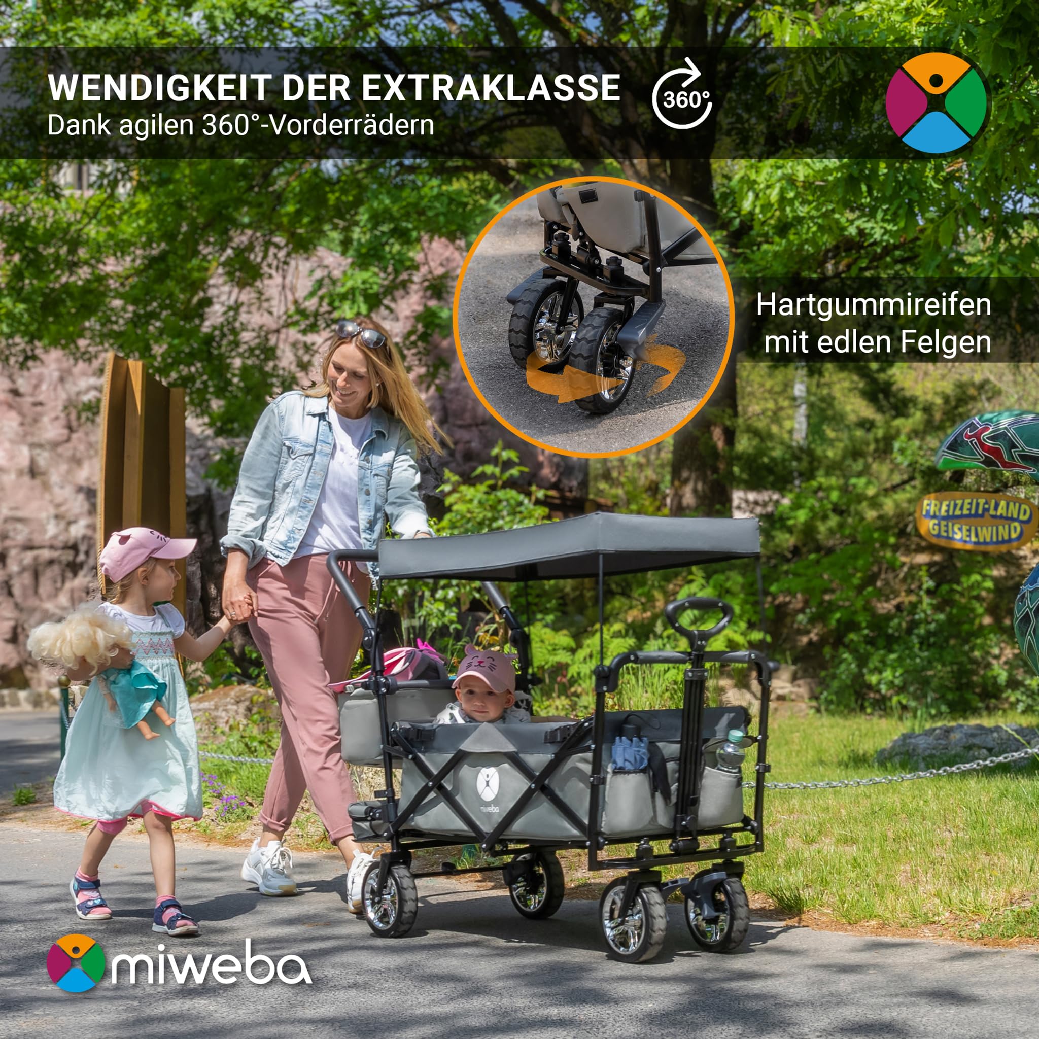 Miweba Faltbarer Bollerwagen MB-20 | Sonnendach UV-beständig - 2X Anschnallgurte - Transportwagen für Kinder - Traglast 100 Kg - Wagen - Feststellbremse - Hartgummireifen (Grau)
