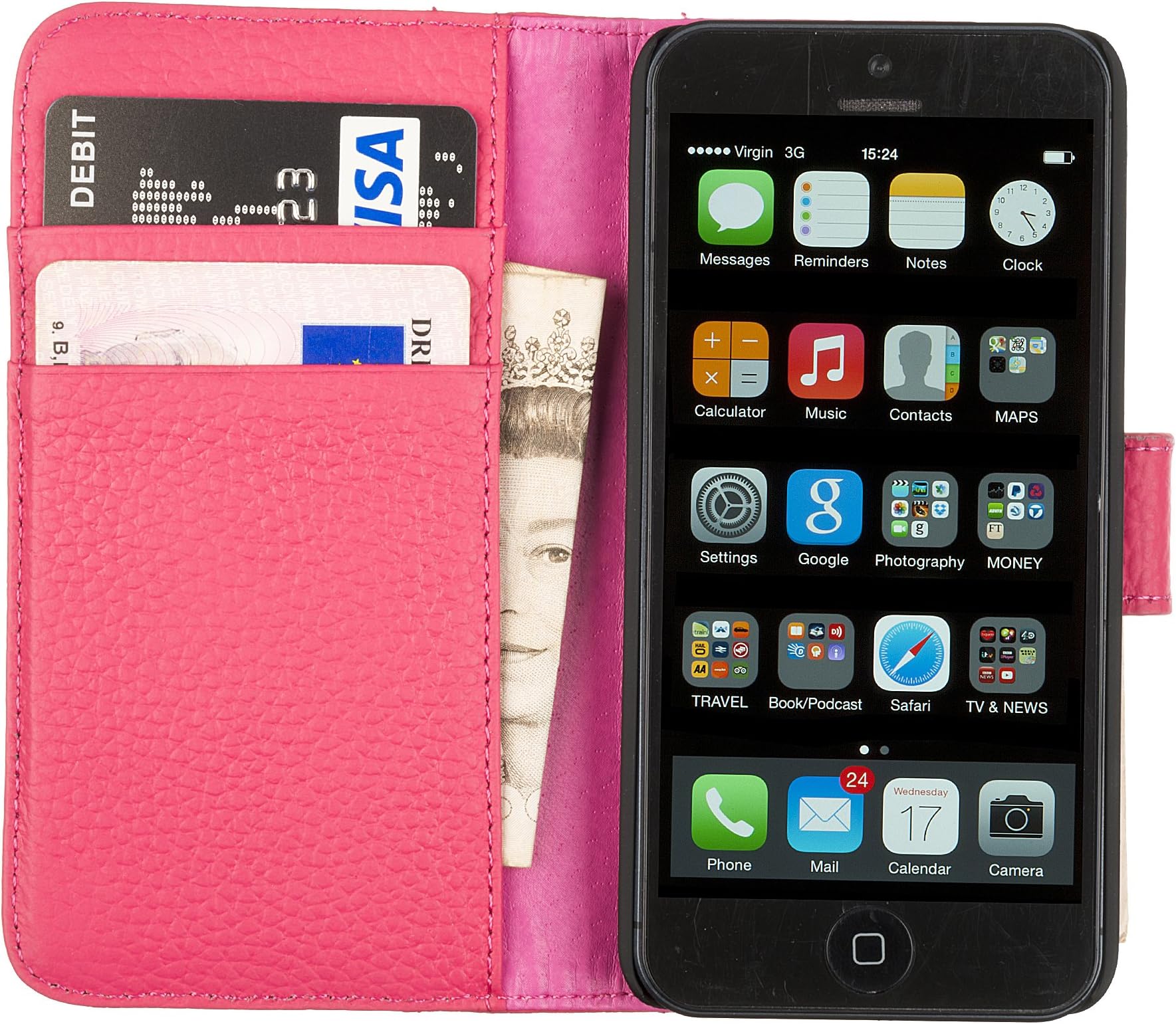 Fonerize Real Leather Compact Wallet Case and Card Holder for iPhone 5C - Pink