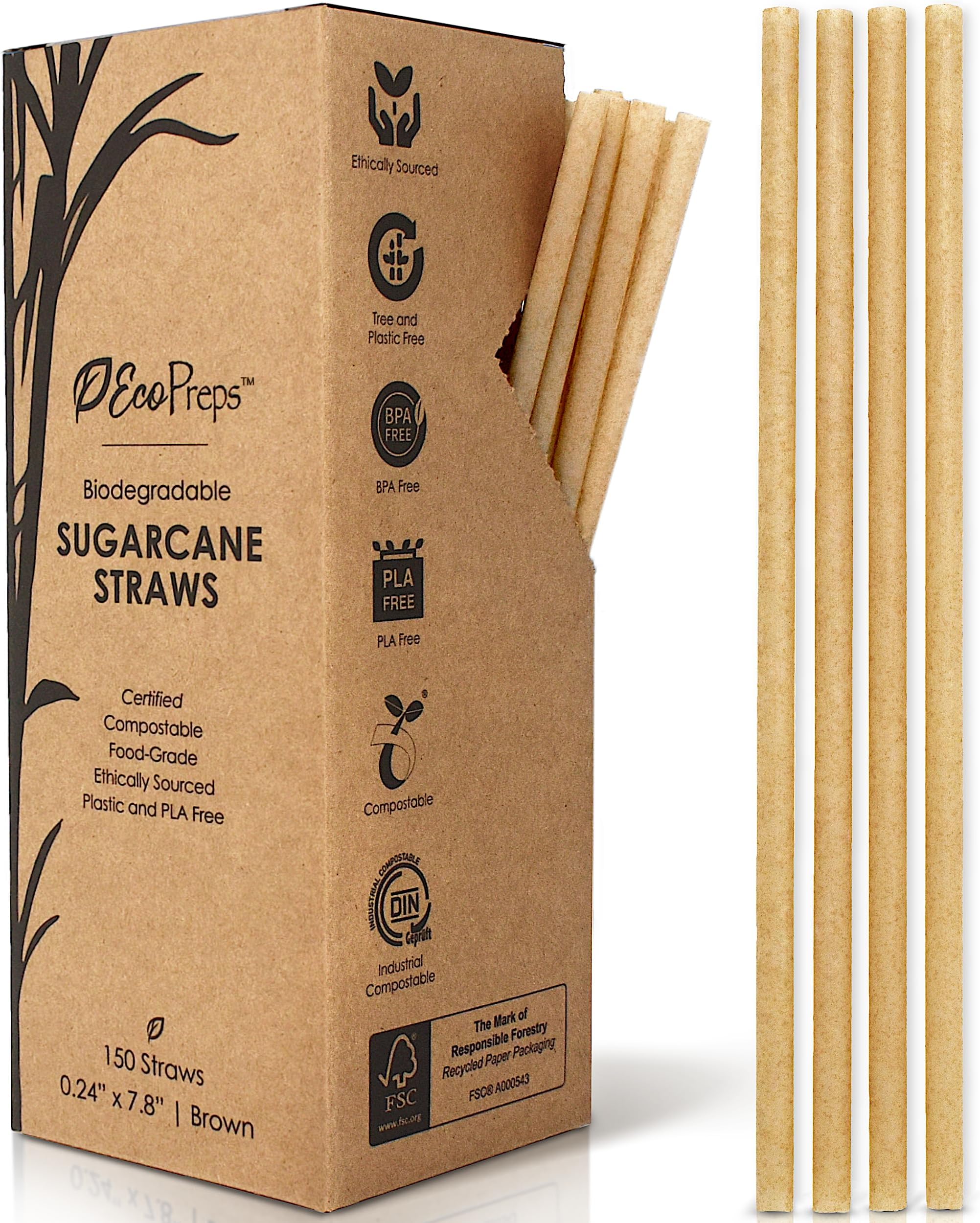 EcoPreps Biodegradable Sugarcane Straws | 150 Count, 100% Compostable, Plastic-Free, & Eco-Friendly Drinking Straw | 7.8'' Sugar Fiber Disposable Straws, Smoothie Straw for Home, Restaurant, Parties