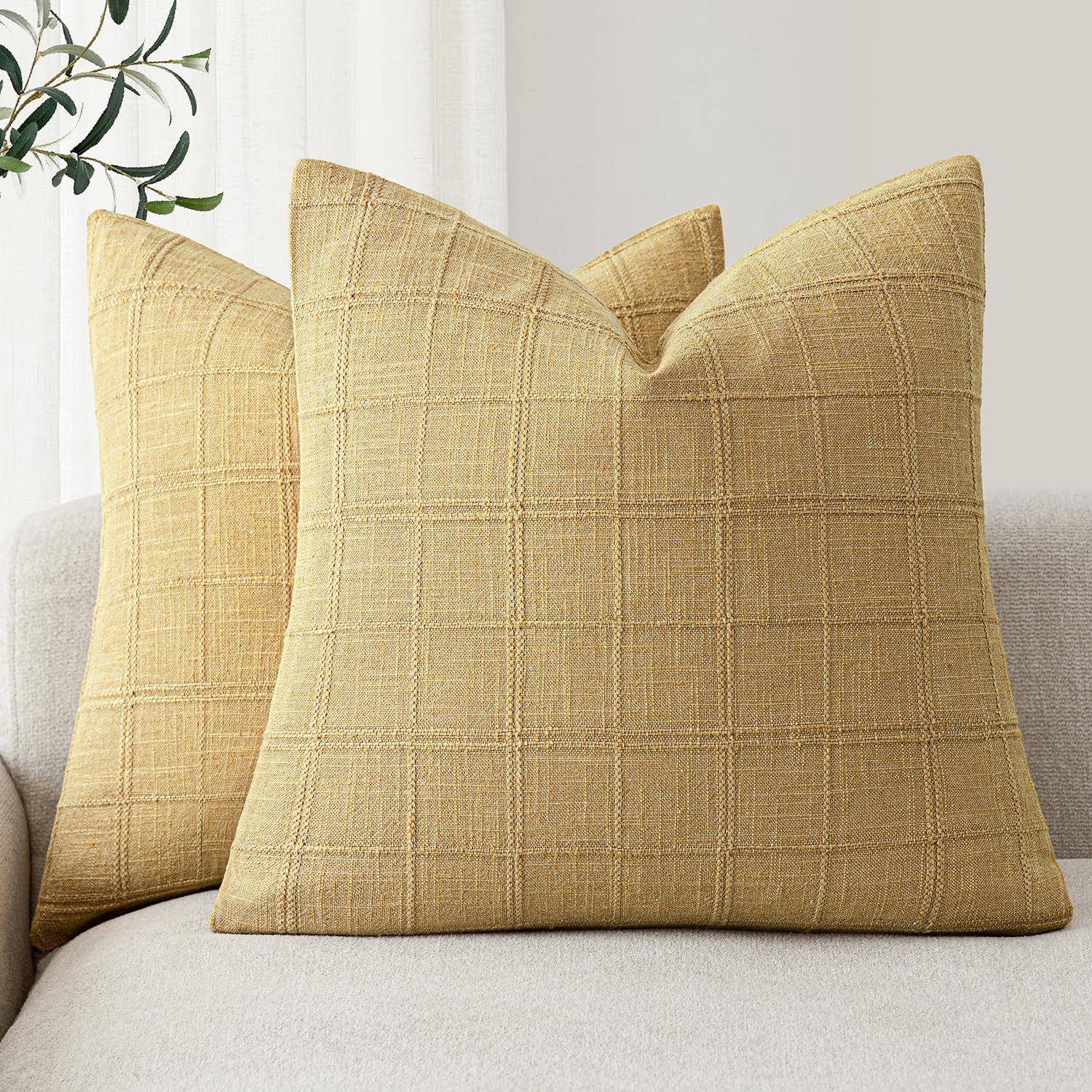 Foindtower Boho Linen Check Decorative Throw Pillow Covers 18×18 Amber Gold