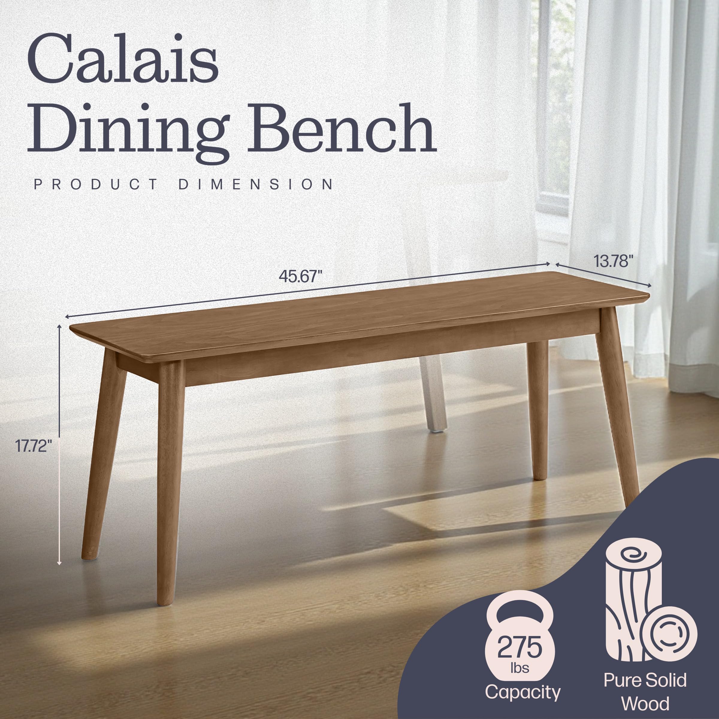 Alaterre Furniture Solid Wood Dining Bench, Warm Pecan, 46” x 14” x 18” | Entryway Bench with Minimalist Design, Mid-Century Modern Furniture for Entryway, Dining Room, Kitchen, or Bedroom