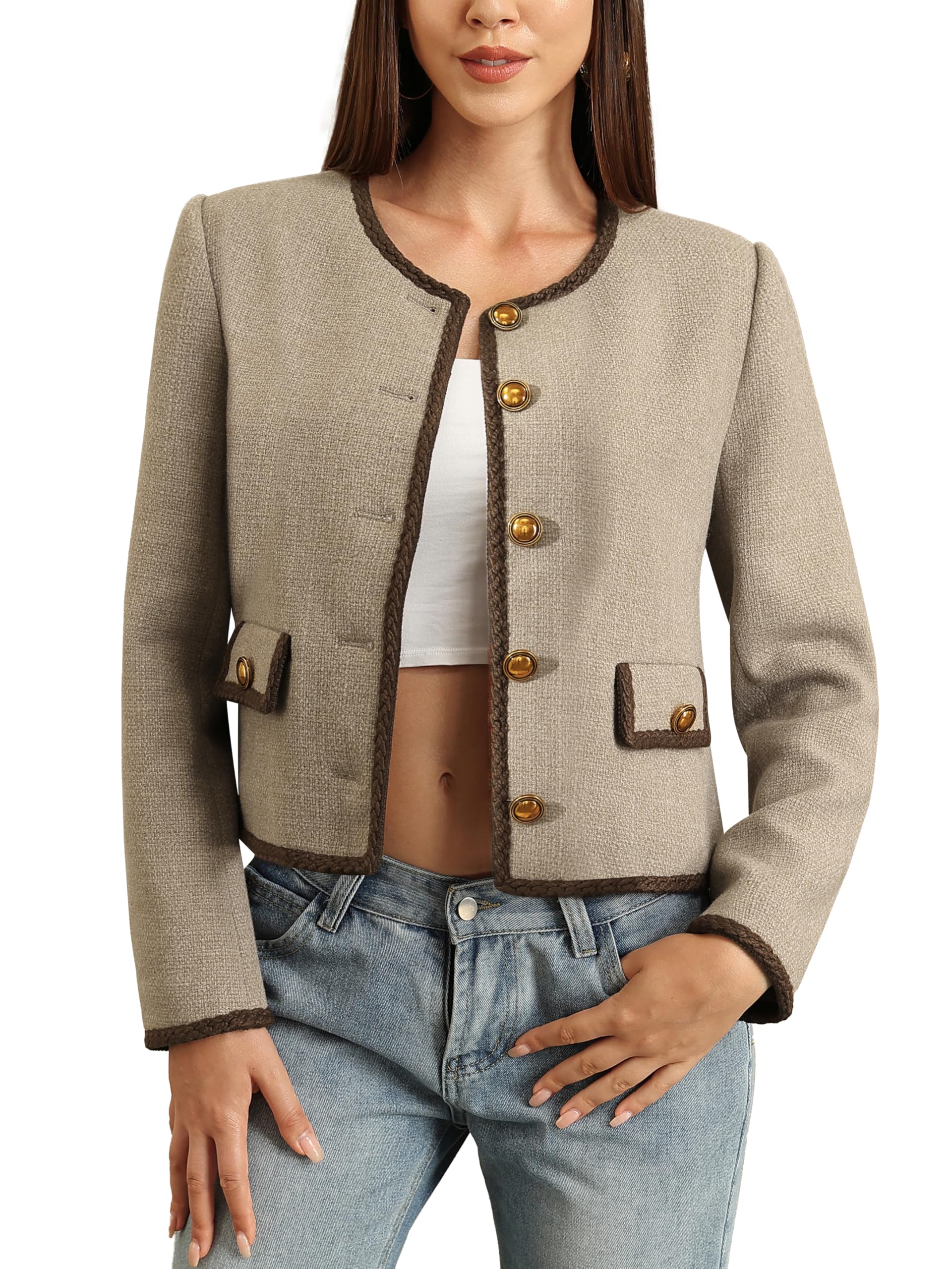 M Infisavo Womens Cropped Tweed Jackets with Pockets Collarless Shackets Casual Outerwear Golden Button Down Vintage Blazer