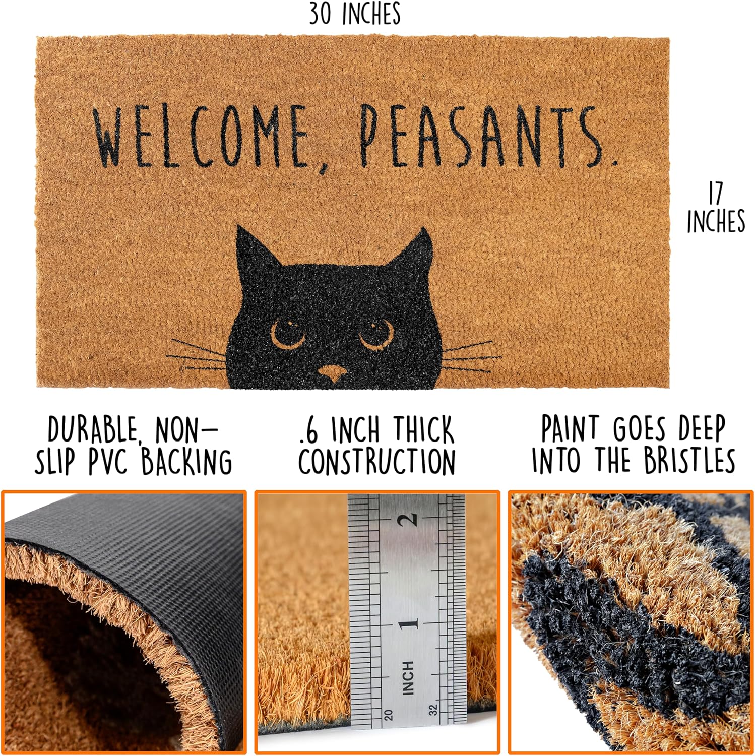 MAINEVENT Welcome Peasants Cat Doormat 30x17 Inch, Funny Black Cat Door Mat for Covered Area, Funny Welcome Mat Gift w/Non-Slip PVC Backing