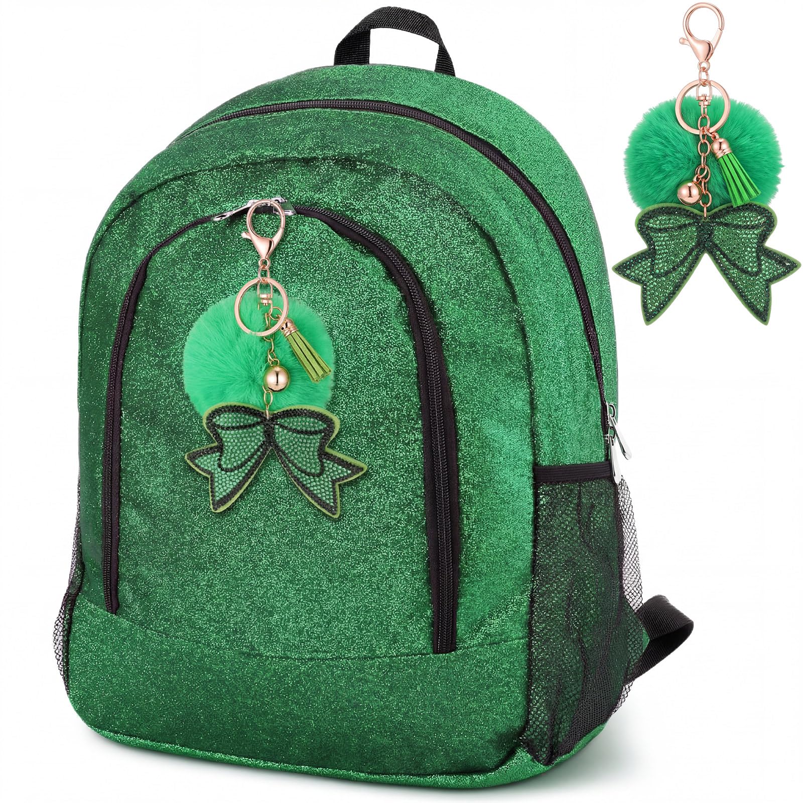Cheer Backpack Bags with Bow Keychain,Glitter,Green,Large