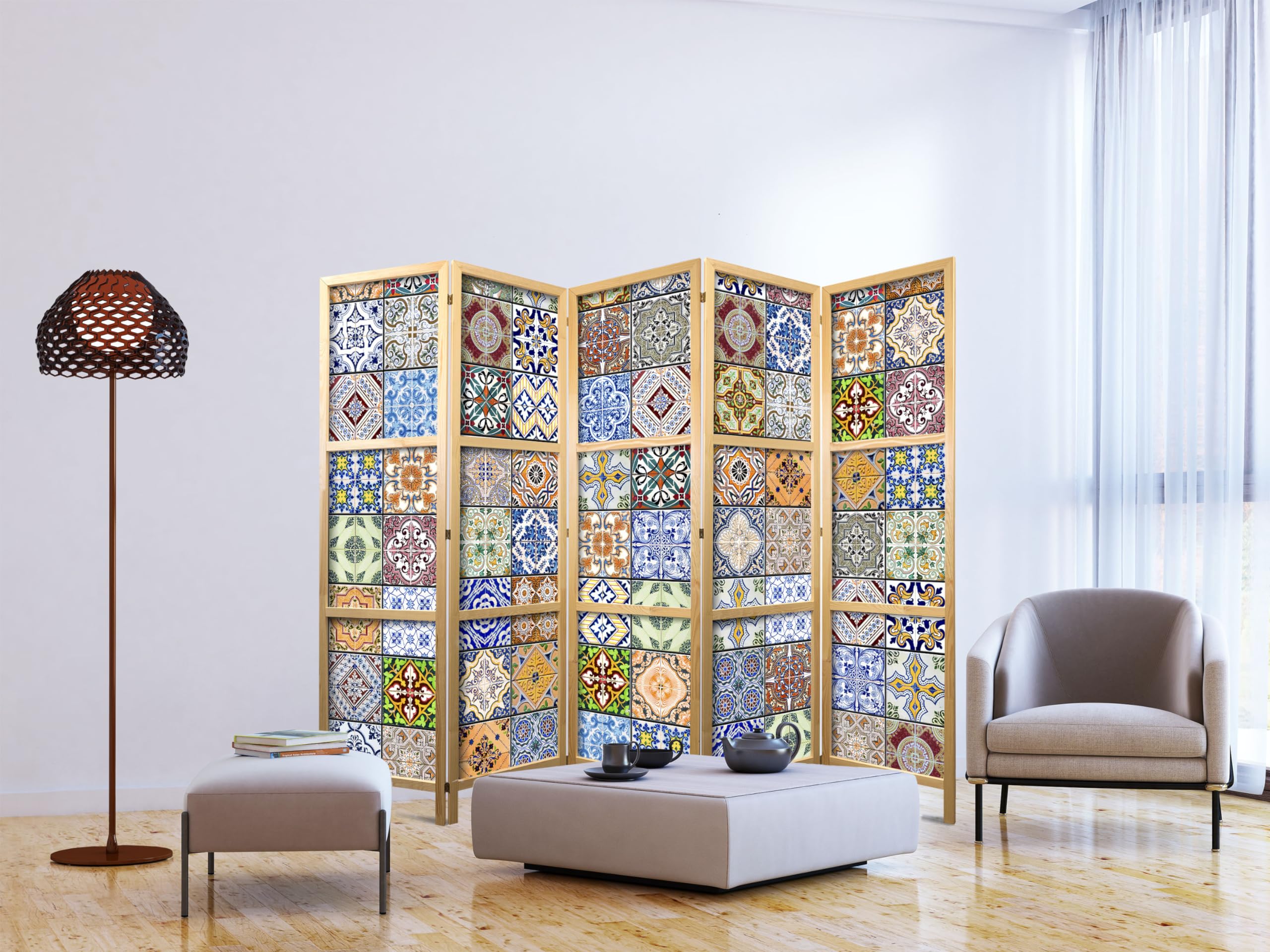 murando - Paravent Raumteiler Holz Natur, 225x172 cm, 5-teilig, Wohnzimmer
