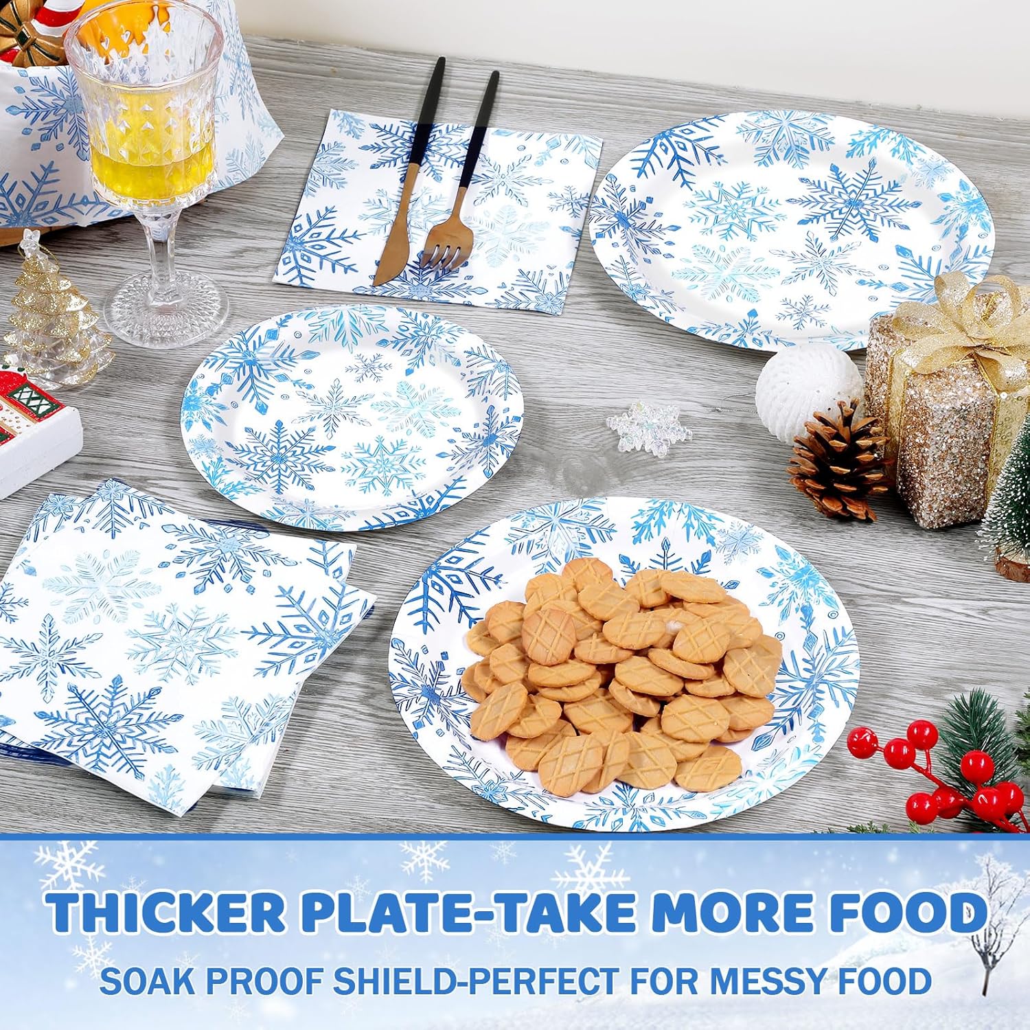 Homlouue 200 PCS Christmas Paper Plates and Napkins Sets, Snowflake Paper Plates and Napkins Disposable, Heavy Duty Christmas Plate Disposable, Blue Snowflake Holiday Plate Napkin, Serve 50 Guests