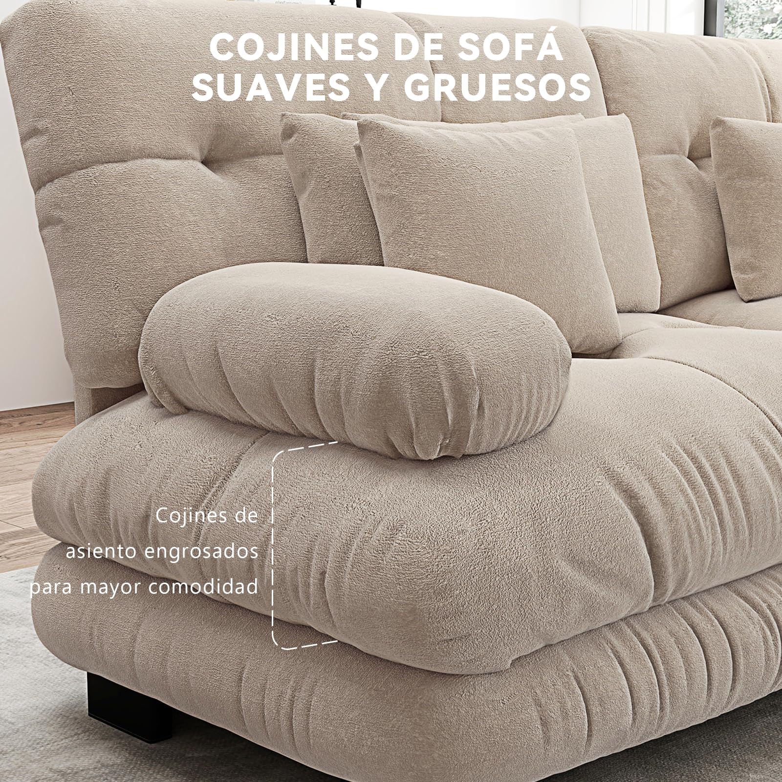 Sofá Modular 3 Plazas 313 cm con 2 Reposapiés, Modular en Forma de U, Tela Chenille, Estructura de Madera, Color Café Claro