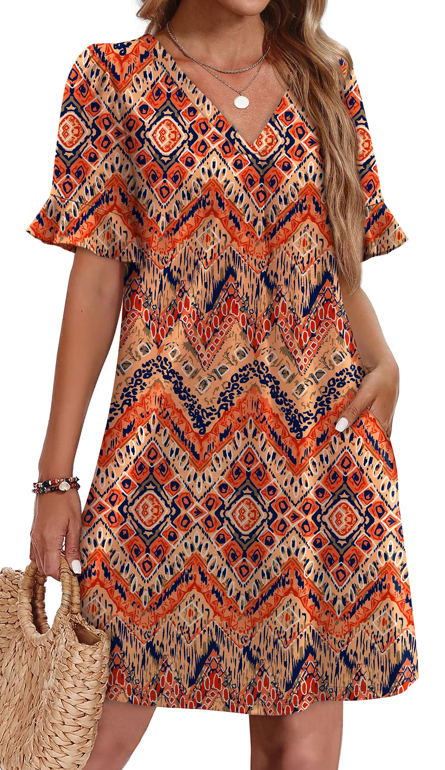 OFEEFAN Summer Dresses for Women Ruffle Short Sleeve V Neck Casual Shift Dress with Pockets