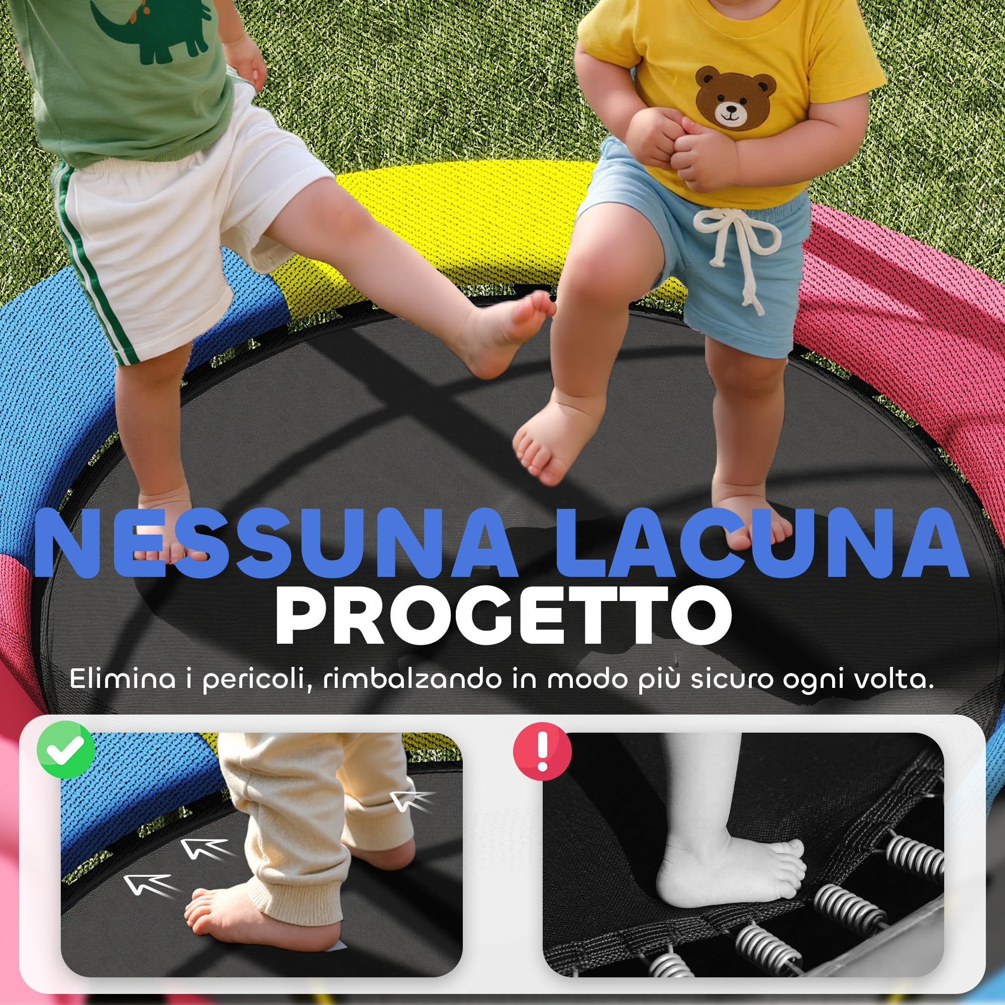 HOMCOM Trampolino per Bambini 3-6 Anni con Rete di Sicurezza, Tappeto Elastico Senza Molle con Gambe a L, per Interno ed Esterno, Ø160x190 cm, Multicolore