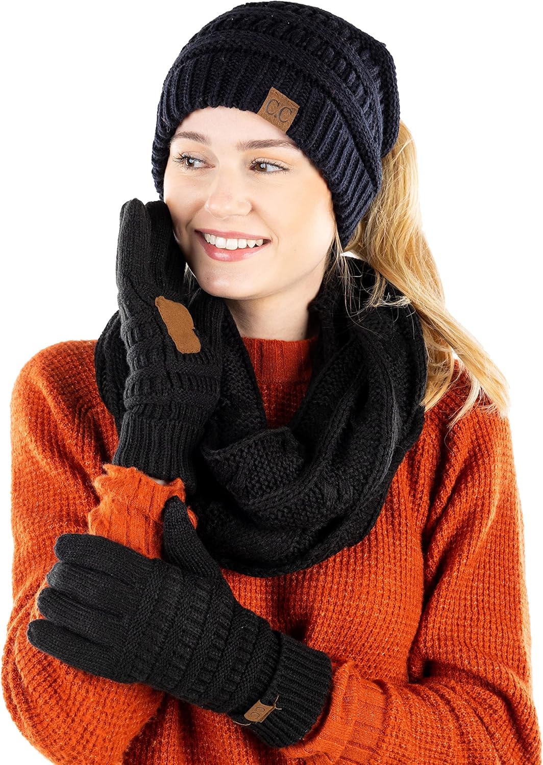 Funky Junque Matching Set Ponytail Messy Bun Beanie Infinity Scarf Texting Gloves Bundle