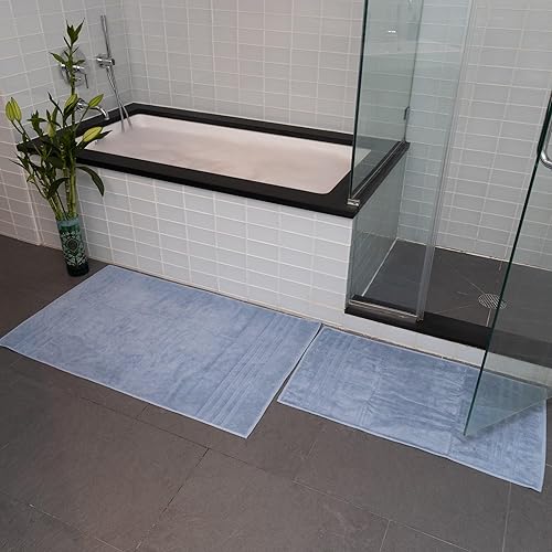 Miniatura 5 de Juego de 2 alfombrillas de baño turcas de lujo, 28 x 44 pulgadas, color azul Allure, 1000 GSM, viscosa de bambú y algodón turco peinado del Egeo