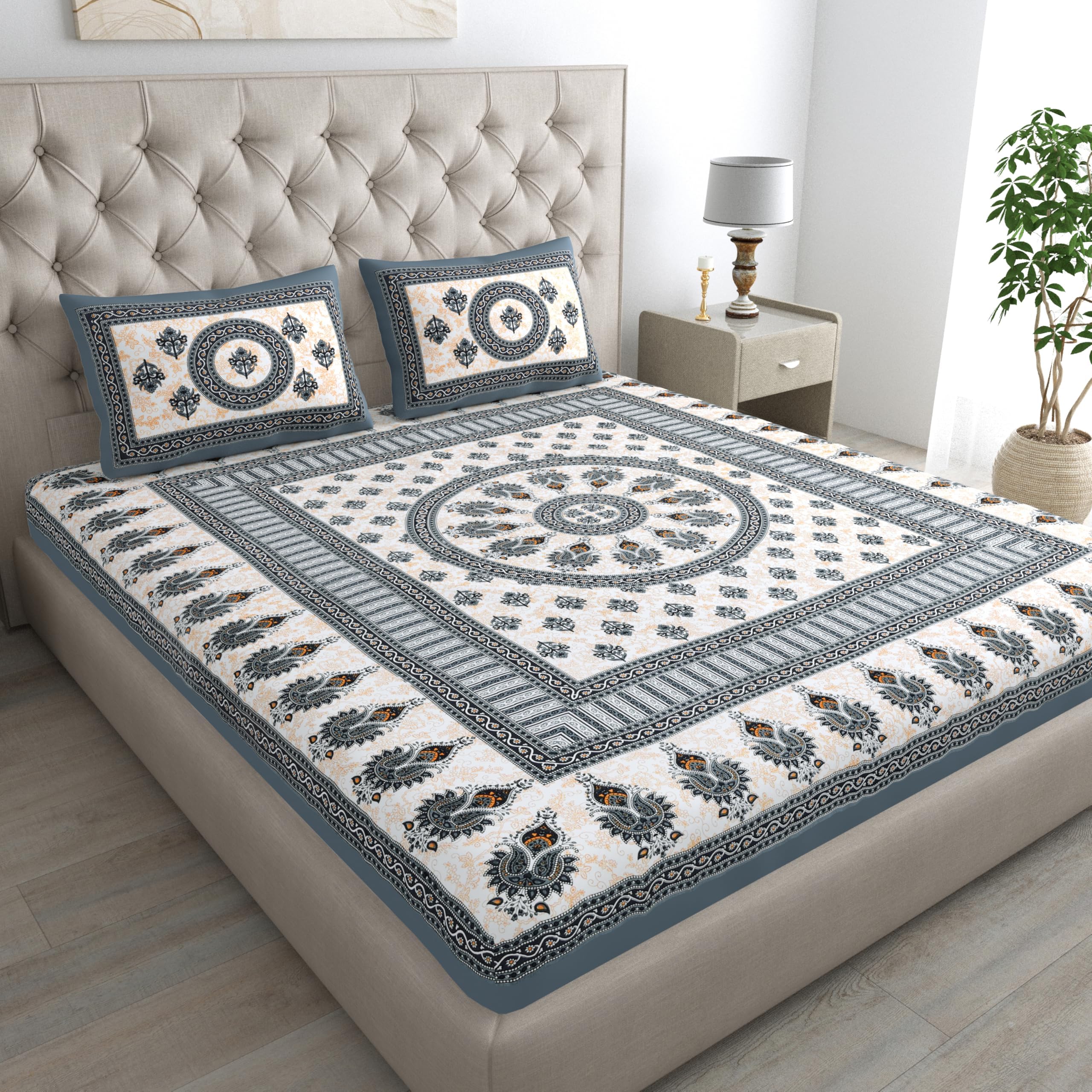 100% Cotton Bedsheet for Double Size Bed bedsheets Rajasthani Jaipuri Printed Double Size Bedsheet with 2 Pillow Cover/ 90x100 inch/ 235x215 cm / (Gray)