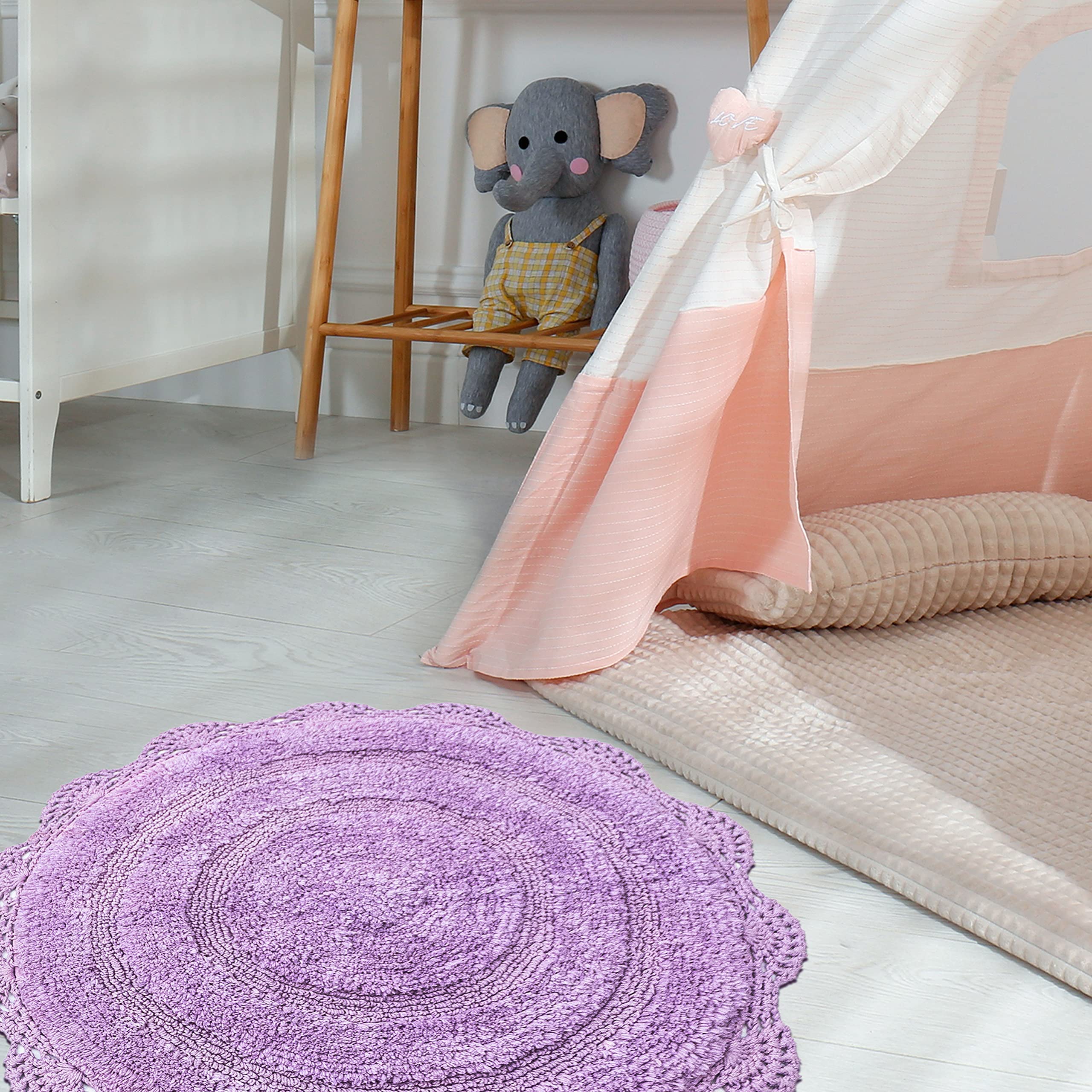 Chardin home Alfombra de baño redonda de ganchillo de lavanda, 100% algodón con borde de ganchillo hecho a mano artesanalmente, 24 pulgadas de diámetro, perfecta para medio baño, tocador, baños