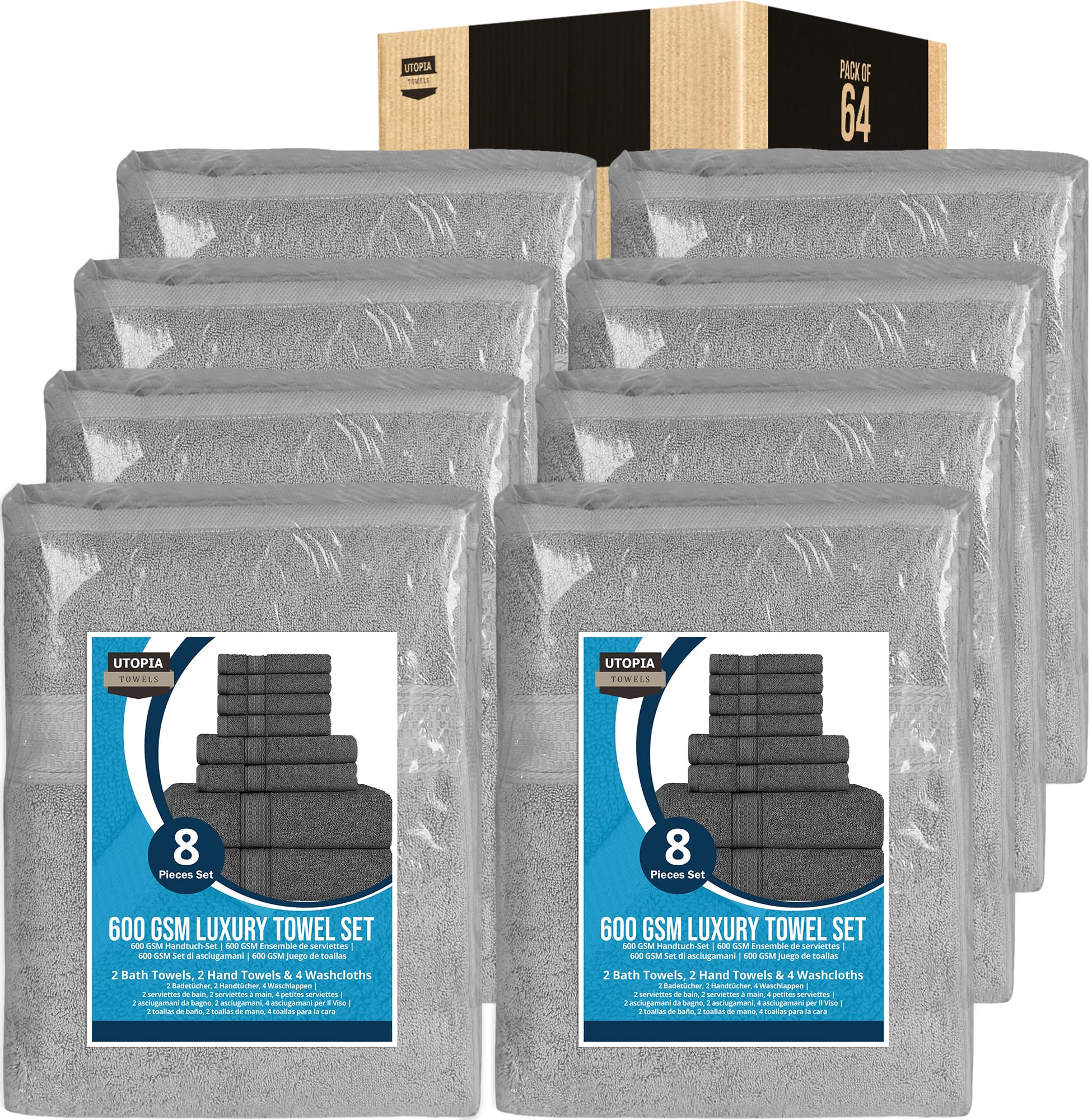 Utopia Towels Cool Grey 64 Piece Towel Set - 16 Bath Towels, 16 Hand Towels And 32 Washcloths Cotton Hotel Quality Super Soft And Highly Absorbent (Cool Grey)