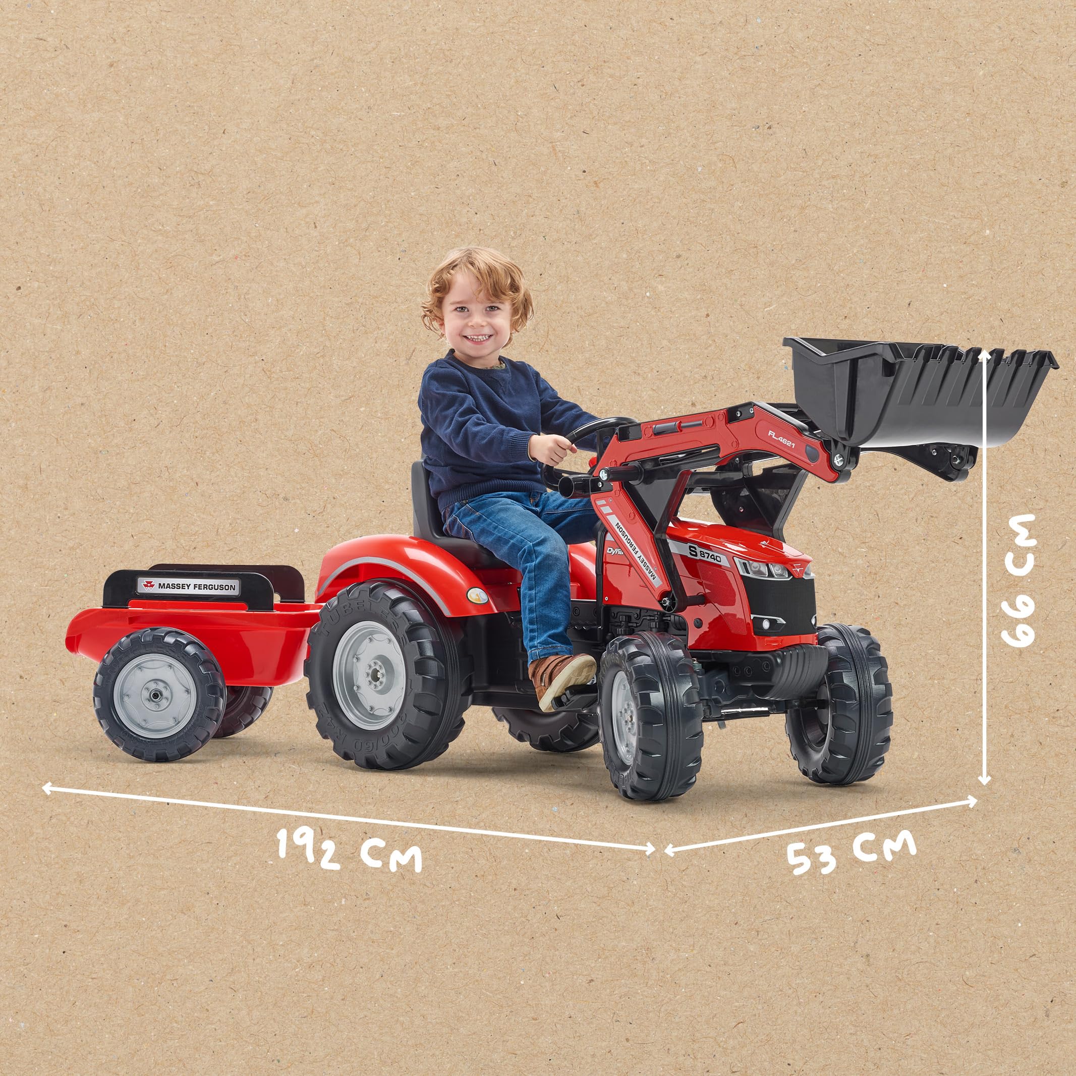 FALK - Tractopelle à pédales Massey Ferguson avec et remorque - Jeux exterieur enfant - Tracteur enfant - Dès 3 ans - Fabriqué en France - Pelle frontale articulée - Siège ajustable - 4010AM