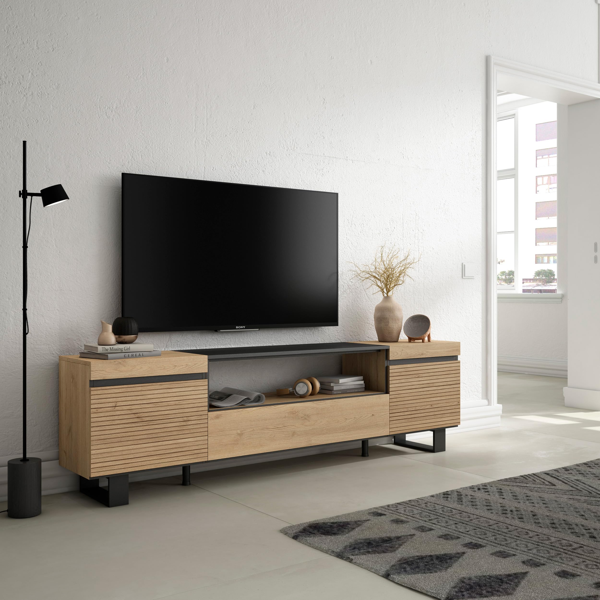 Skraut Home | Mueble TV | Televisión | Muebles de salón, almacenaje | 200x57x35cm | para TV hasta 80" | Diseño Industrial | Estilo Moderno | Roble