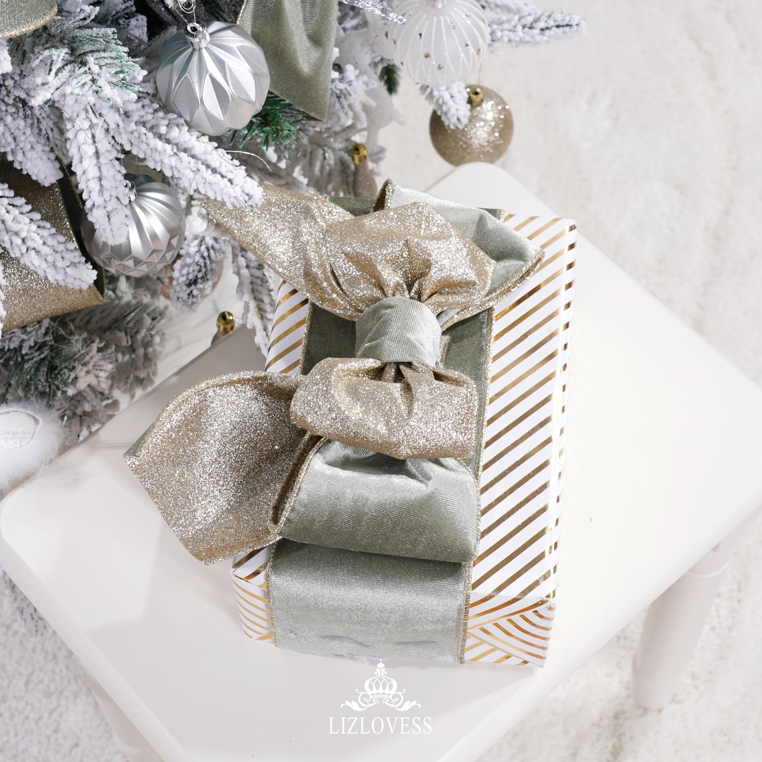 Samtband mit Glitzer-Rückseite, 10,2 cm, Grün und Gold, Weihnachtsband für Weihnachtsbaum, Geschenkverpackungen, Handwerk, Kränze, Topperschleifen (9,1 m)