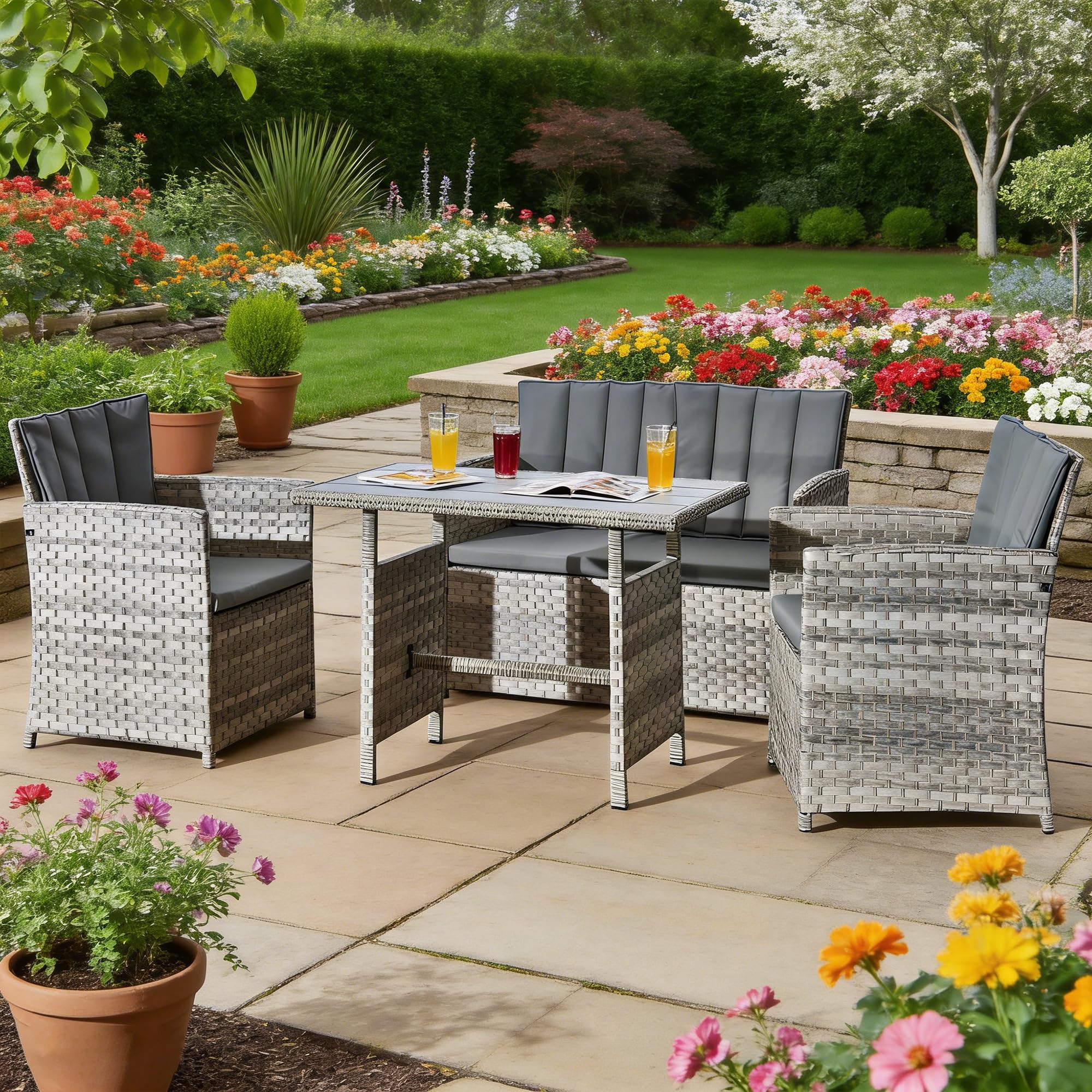 Aweather 4 Seater Rattan Garden Furniture Set with Coffee Table, All-Weather Wicker Patio Conversation Set, Outdoor Patio Furniture Set with Thick Cushions, Durable Rattan Garden Sofa