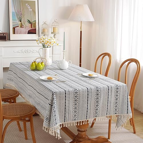 Miniatura 7 de Mantel para mesas rectangulares con borlas, revestimiento impermeable de vinilo TPU, cubierta de mesa con respaldo de arpillera de lino y algodón