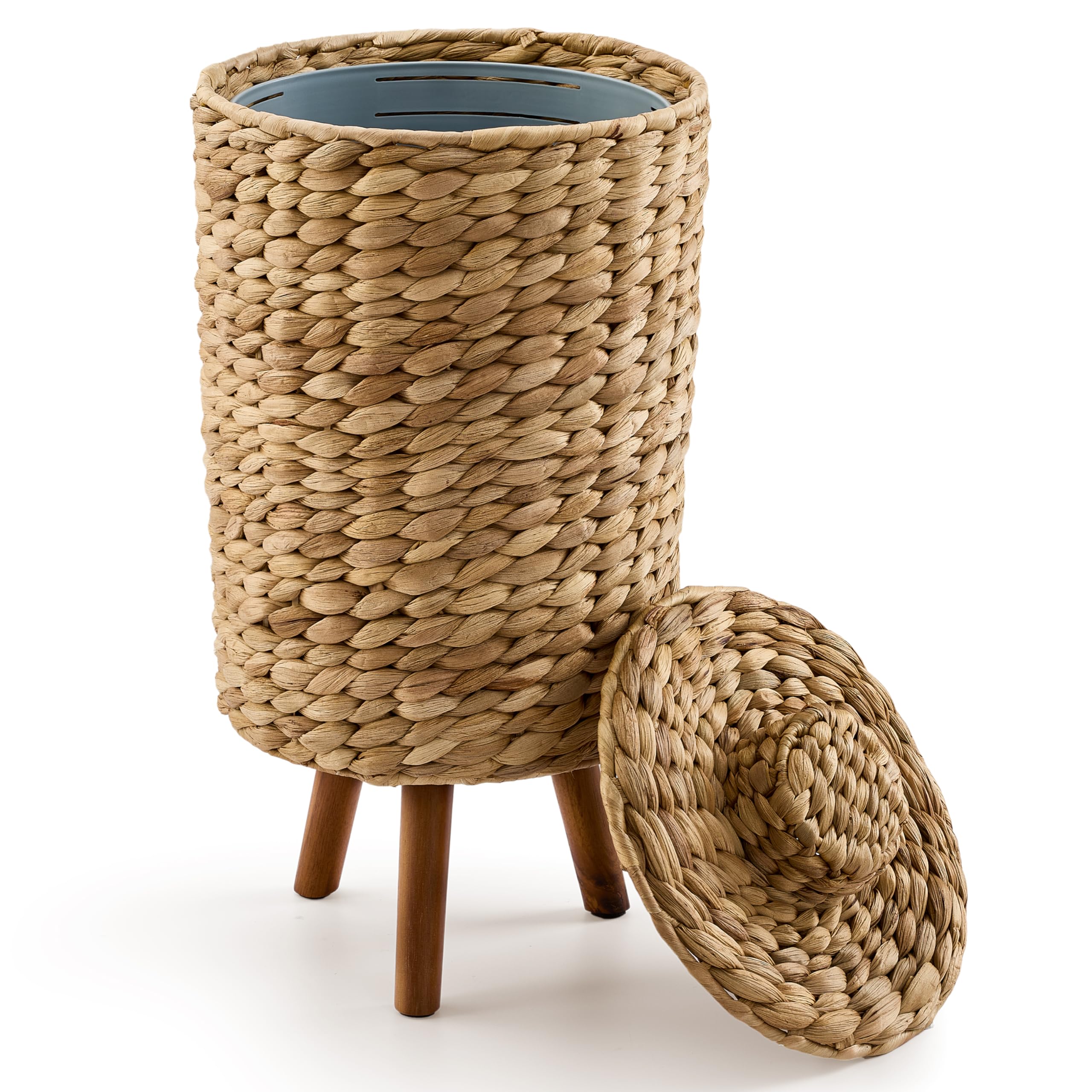 2 Gallon Wicker Trash Can with Lid Water Hyacinth Wicker Waste Basket for Bathroom - Decorative Bathroom Trash