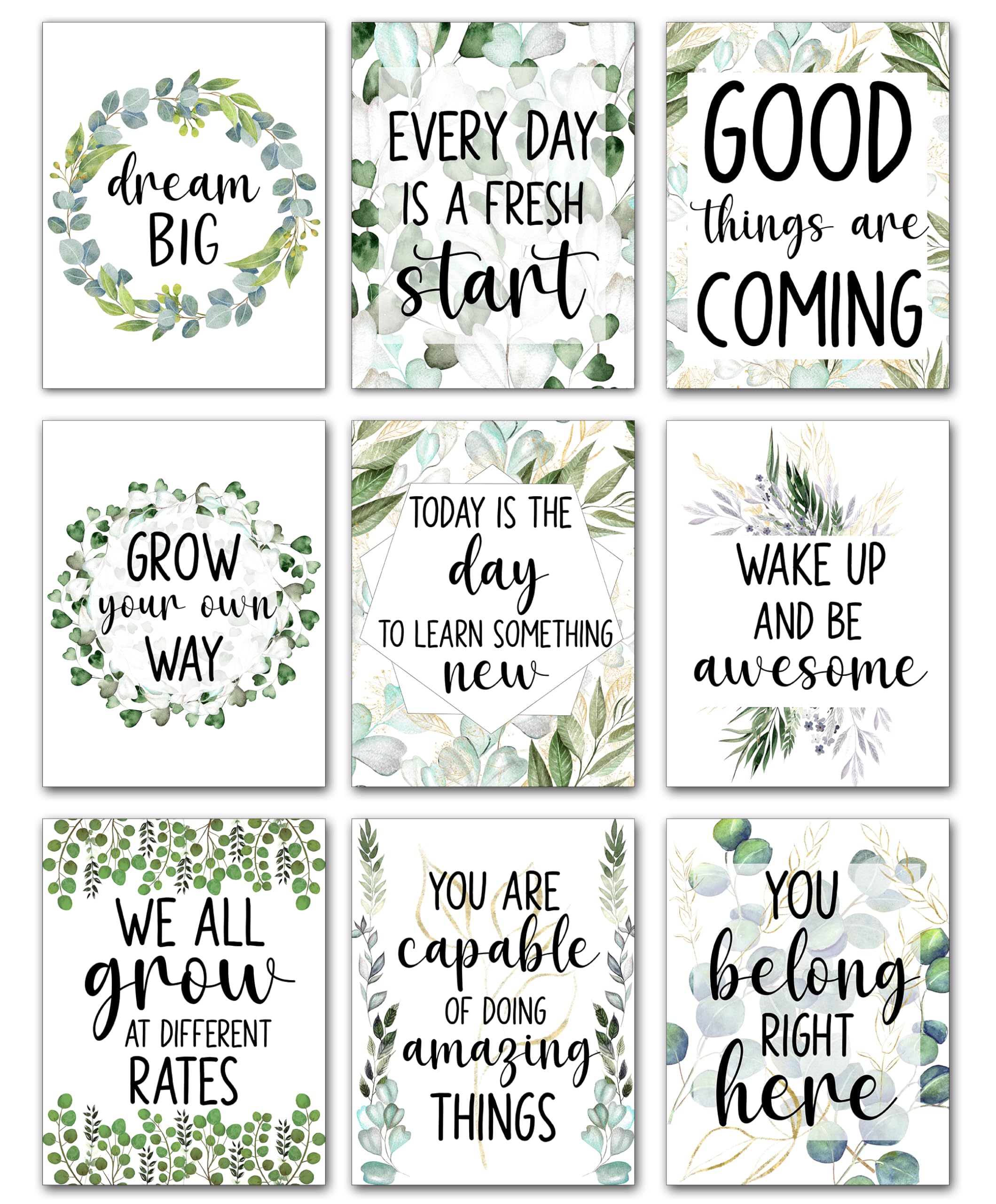 Kids Inspirational Posters – Set of 9 Eucalyptus Motivational Quote Prints, Positive Affirmation Wall Art for Boys & Girls, Growth Mindset Classroom, Nursery, Bedroom & Playroom Decor