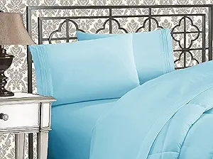 Elegant Comfort Luxurious 1500 Premium Hotel Quality Microfiber Three Line Embroidered Softest 4-Piece Bed Sheet Set, Wrinkle and Fade Resistant, Queen, Aqua Blue