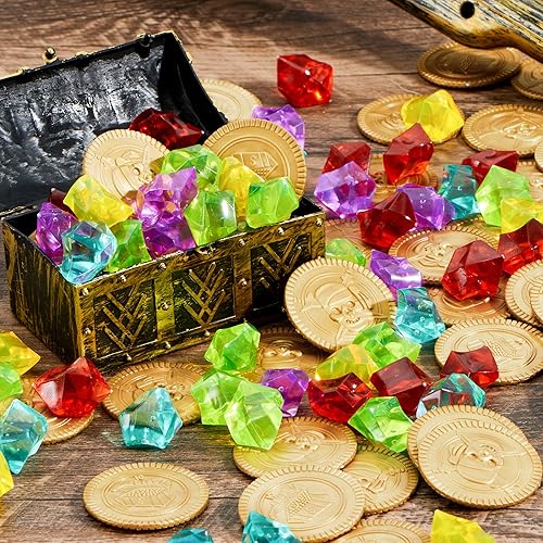 Miniatura 6 de Juguete 288piezas monedas de oro pirata y piedras preciosas JOYIN, conjunto de fiesta. (144monedas + 144gemas)