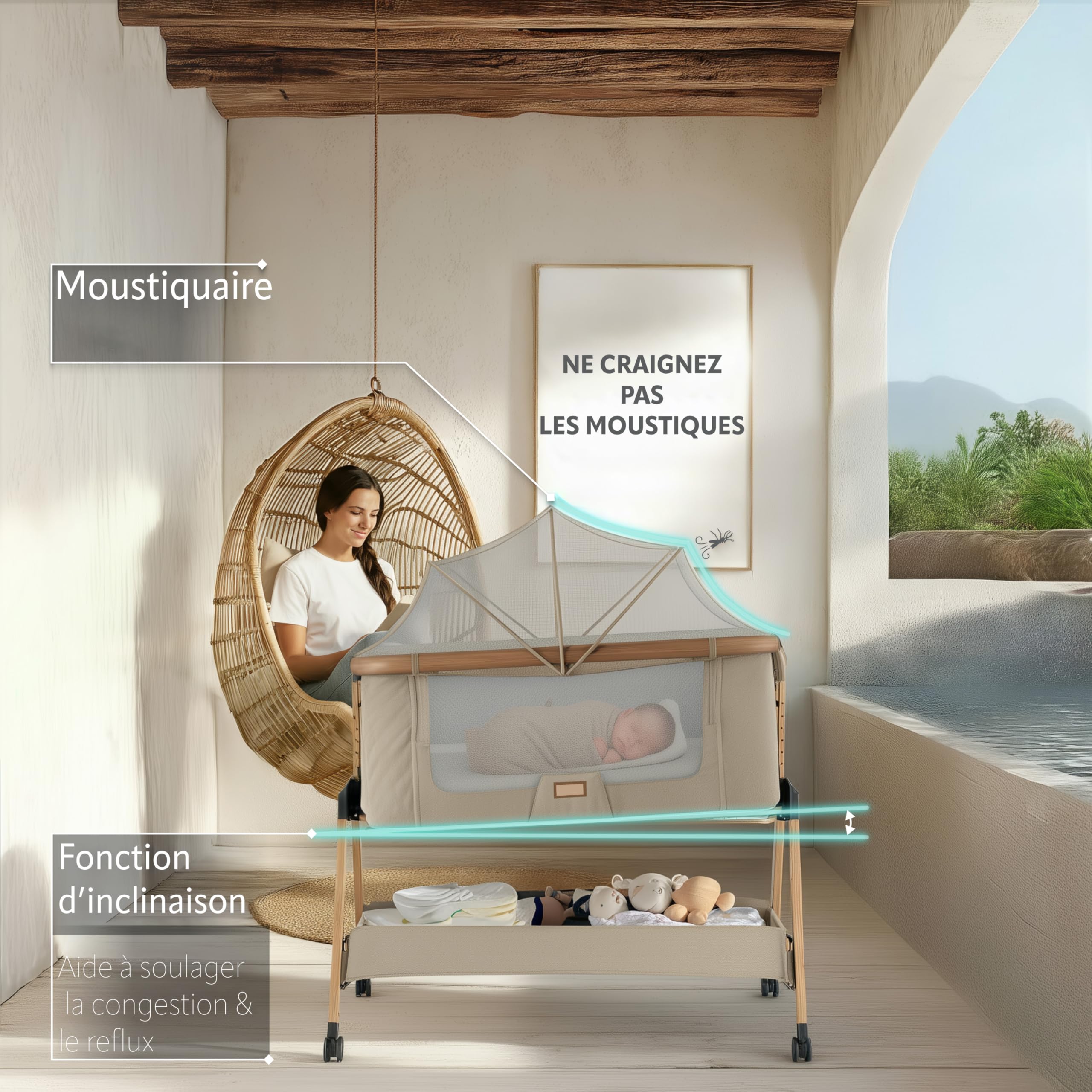 SnooBee Lit Bebe Berceau Cododo Bébé Réglable – Lit Co-Sleeper Nouveau-né avec Matelas, 7 Niveaux de Hauteur, Roulettes, Côtés en Mesh Respirant, Pliable avec Sac de Transport, 0–6 Mois