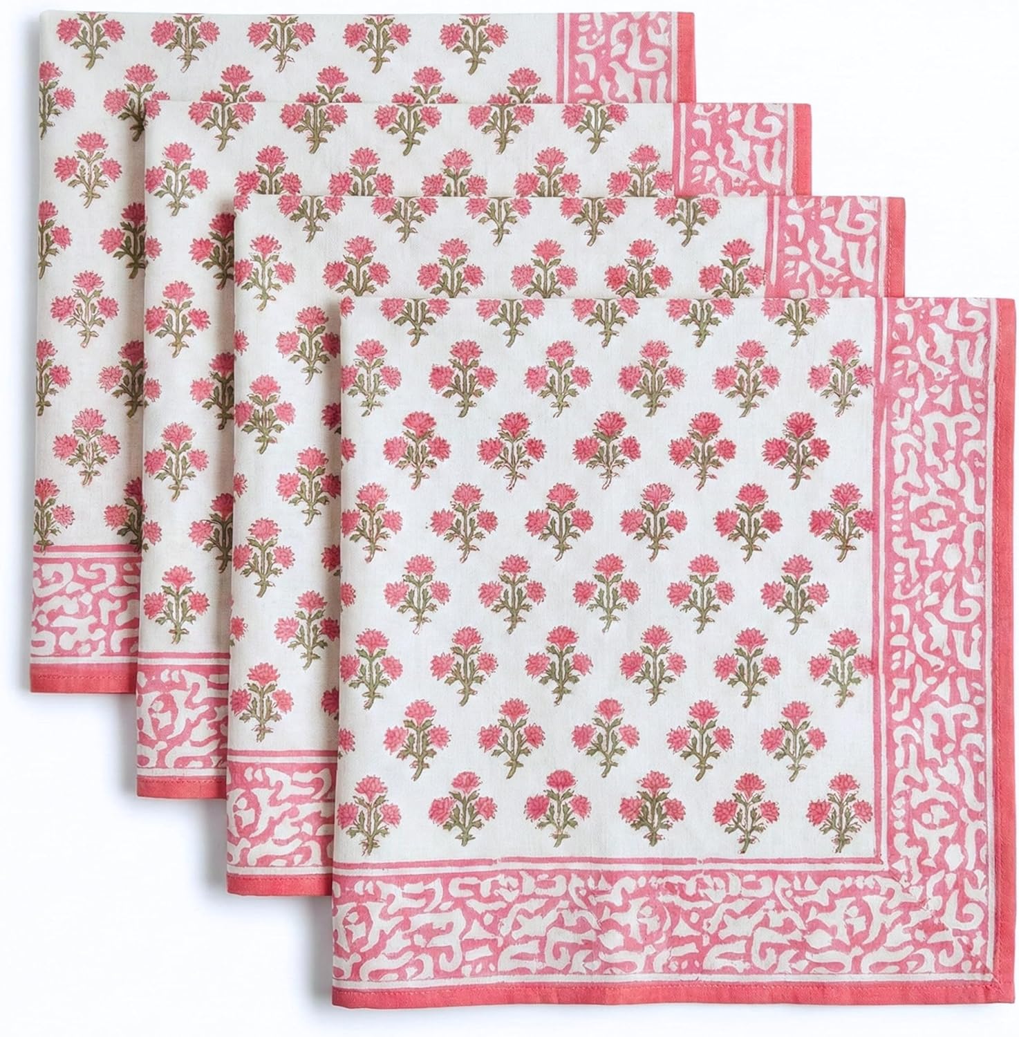 ATOSII Gulbahar White Pink 100% Cotton Cloth Napkins, Handblock Print Designer Table Linen, Perfect for Dinners, Weddings, Cocktail, Kitchen, Thanksgiving/Christmas I 20" X 20" Inches I Set of 4