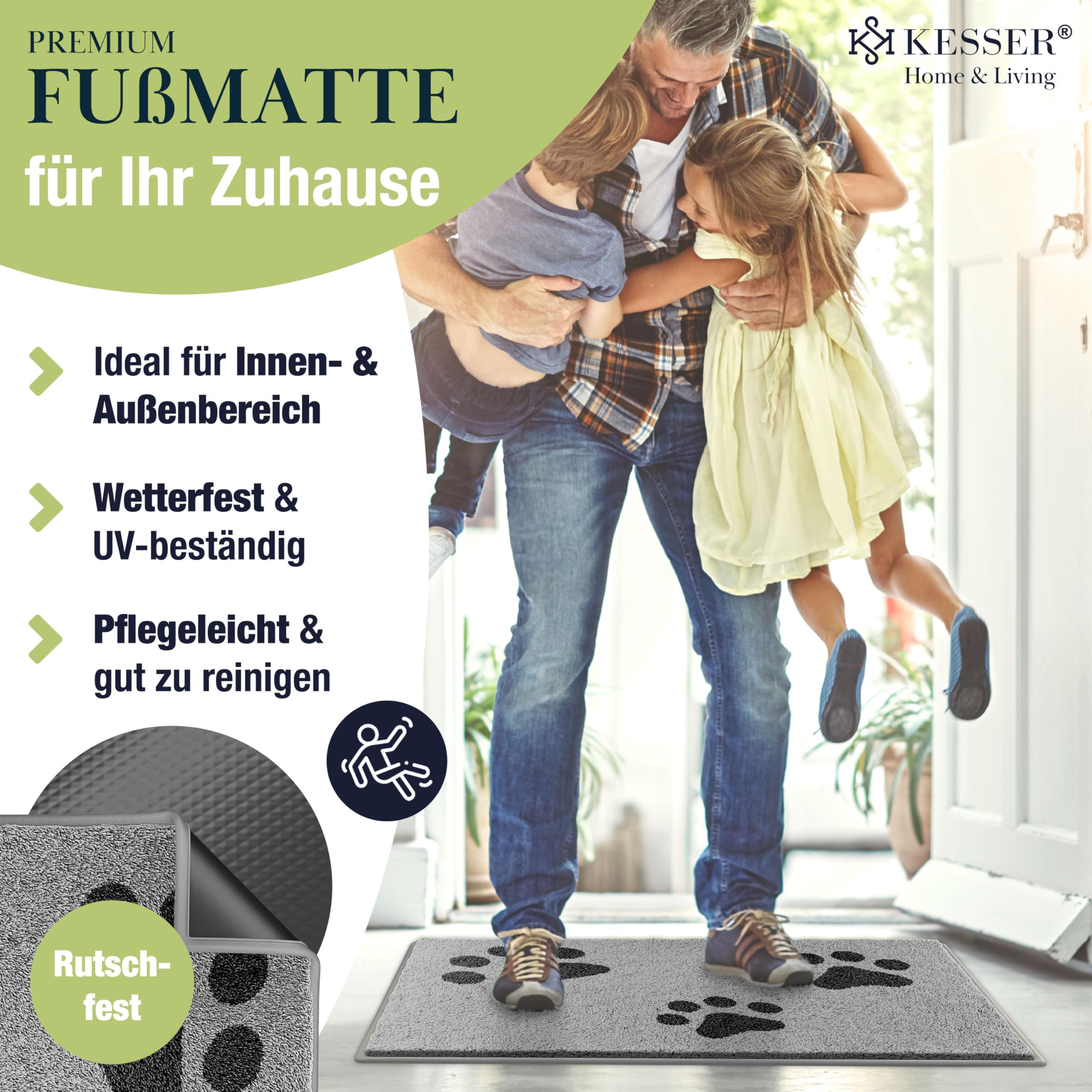 KESSER Schmutzfangmatte Profi Fußmatte in vielen Größen, Türmatte, Teppich, Fußabtreter & Fußabstreifer, rutschfest, wetterfest, maschinenwaschbar, Haustür & Wohnungseingang,Hellgrau Motiv 120x180cm