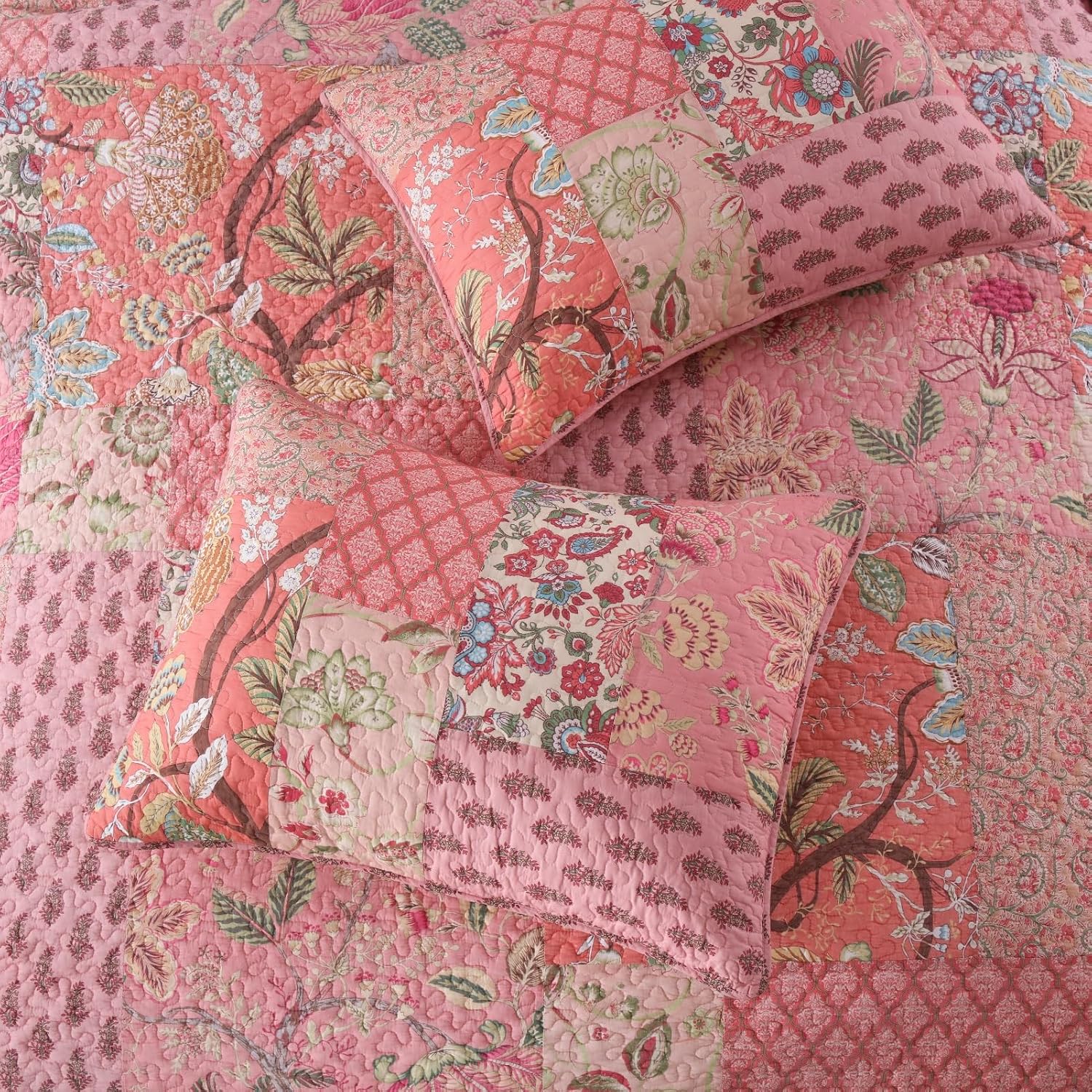 ABREEZE Quilts Queen Size - 100% Cotton Queen Comforter Set Pink Floral Patchwork Farmhouse Quilt Bedding Set, Reversible Lightweight Soft Bedspread, Quilted Coverlet All-Season, 3-Piece