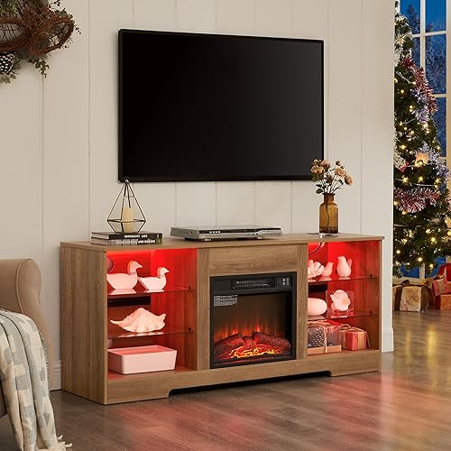 TV Stand with 18" Fireplace, Electric 3D Fireplace TV Console for TVs up to 65", LED Lights Wood and Glass Entertainment Center & USB Charging Outlet (Oka)