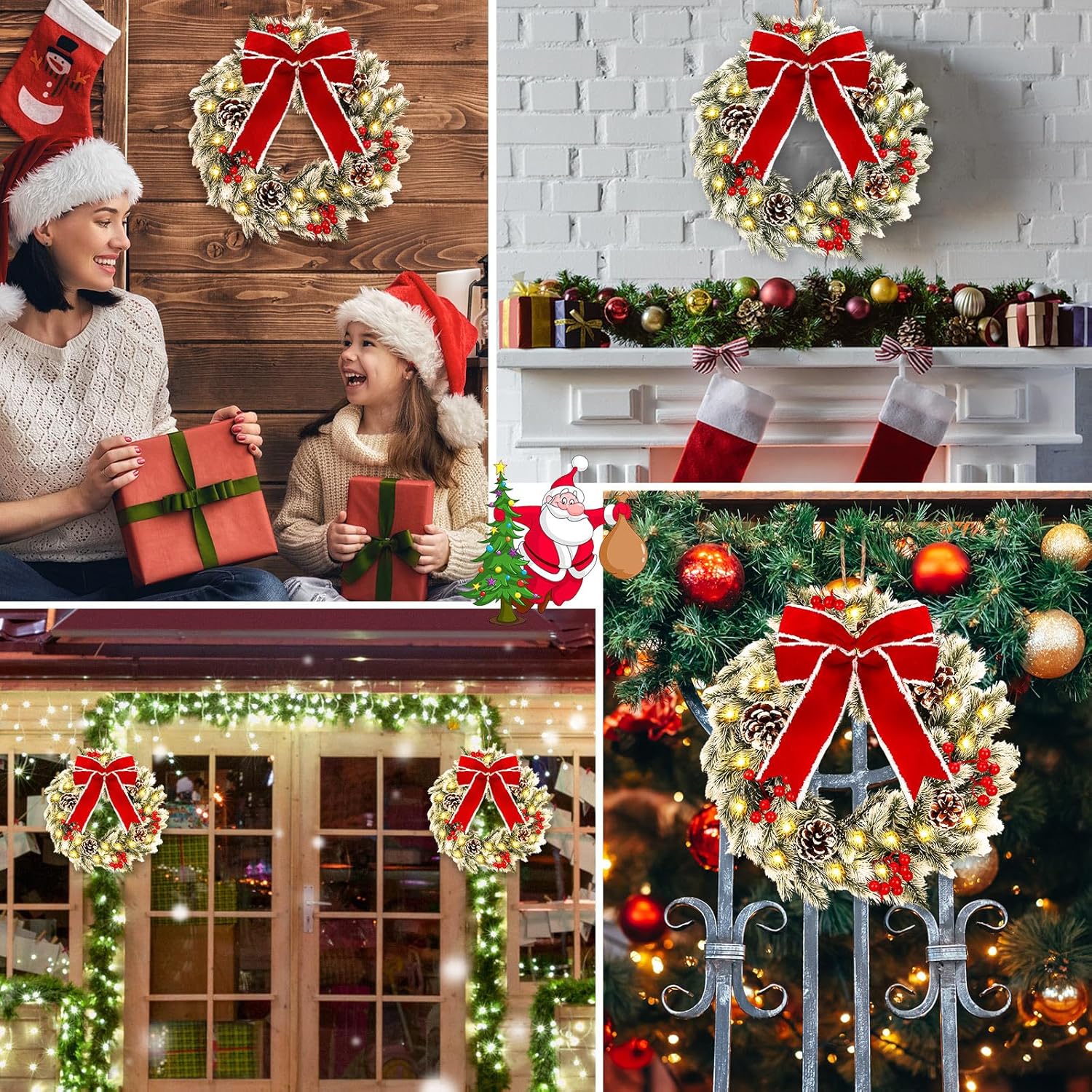 Giegxin 2 Pcs Christmas Lighted Wreath with Pinecones Red Berries Snowflake Decor and Large Red Bowknot Christmas Outdoor Wreath with LED Warm Lights for Xmas Winter Holidays Decoration (Elegant)