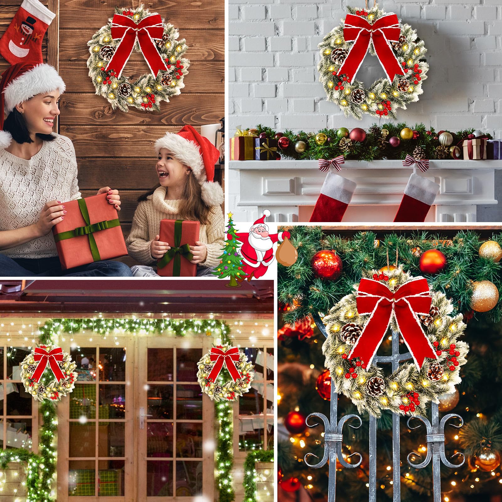 Corona iluminada de Navidad con piñas, bayas rojas y lazo rojo grande, corona de Navidad al aire libre con luces LED cálidas para decoración de Navidad, hogar, vacaciones de invierno (juego de 2)