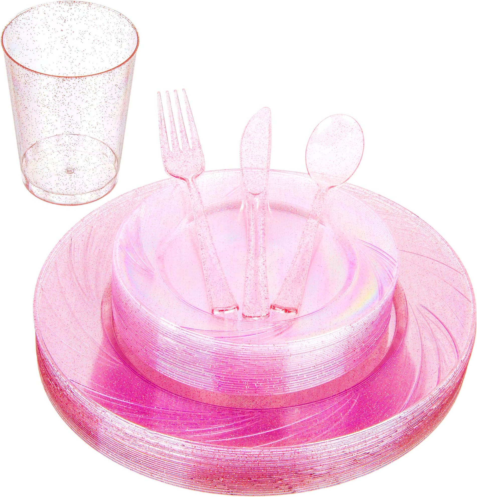 150 pcs Plastic Dinnerware Set - See Through Clear Rose Gold Glitter Disposable Tableware for 25 guests, 25 Dinner Plates, 25 Dessert/Salad Plates, 25 Spoons, Forks, Knives, and 10oz Plastic Cups