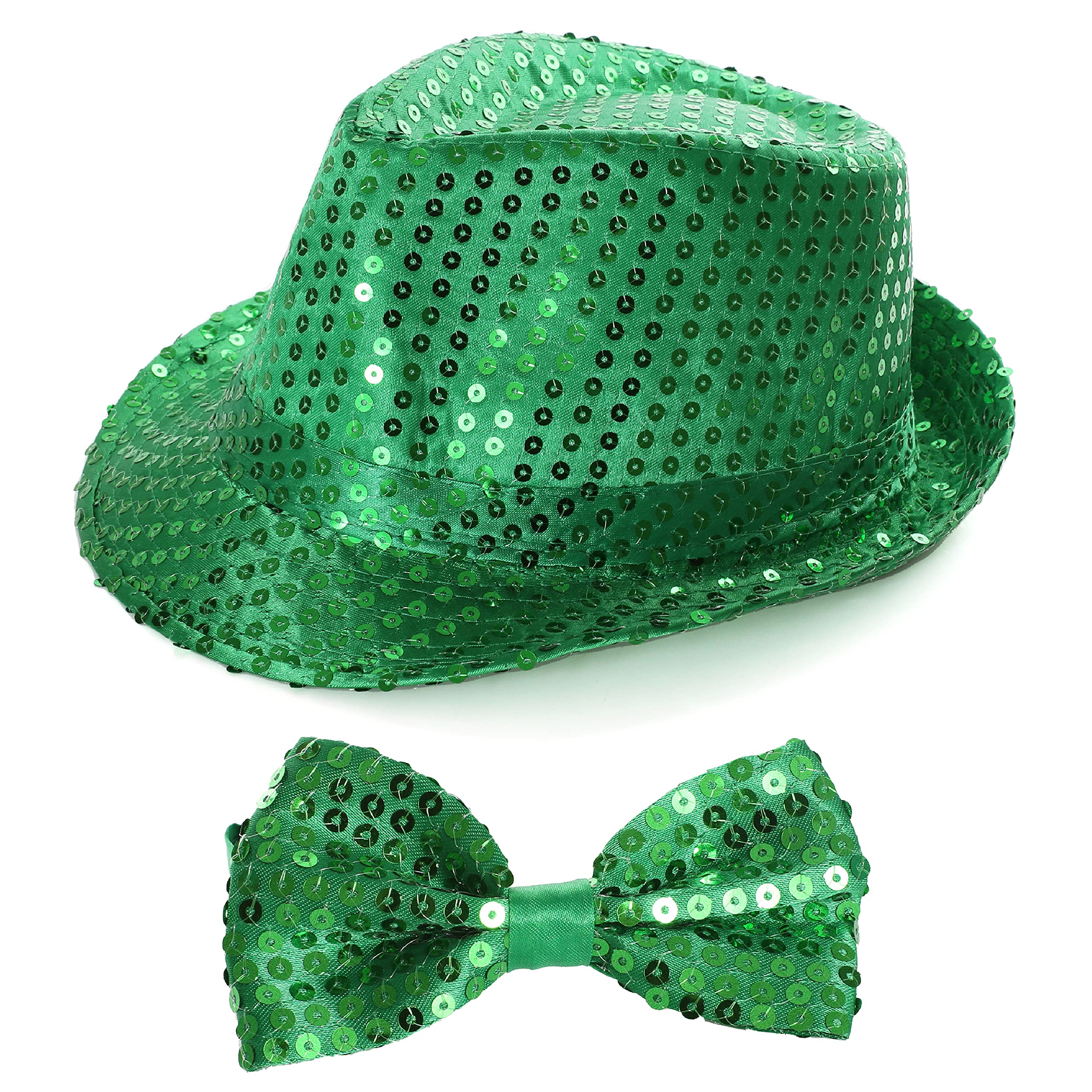 Adults Green Hat & Bowtie Set - Green Sequin Fedora Hat & Bowtie - Perfect for Dance Shows, Stage Shows & Fancy Dress Events