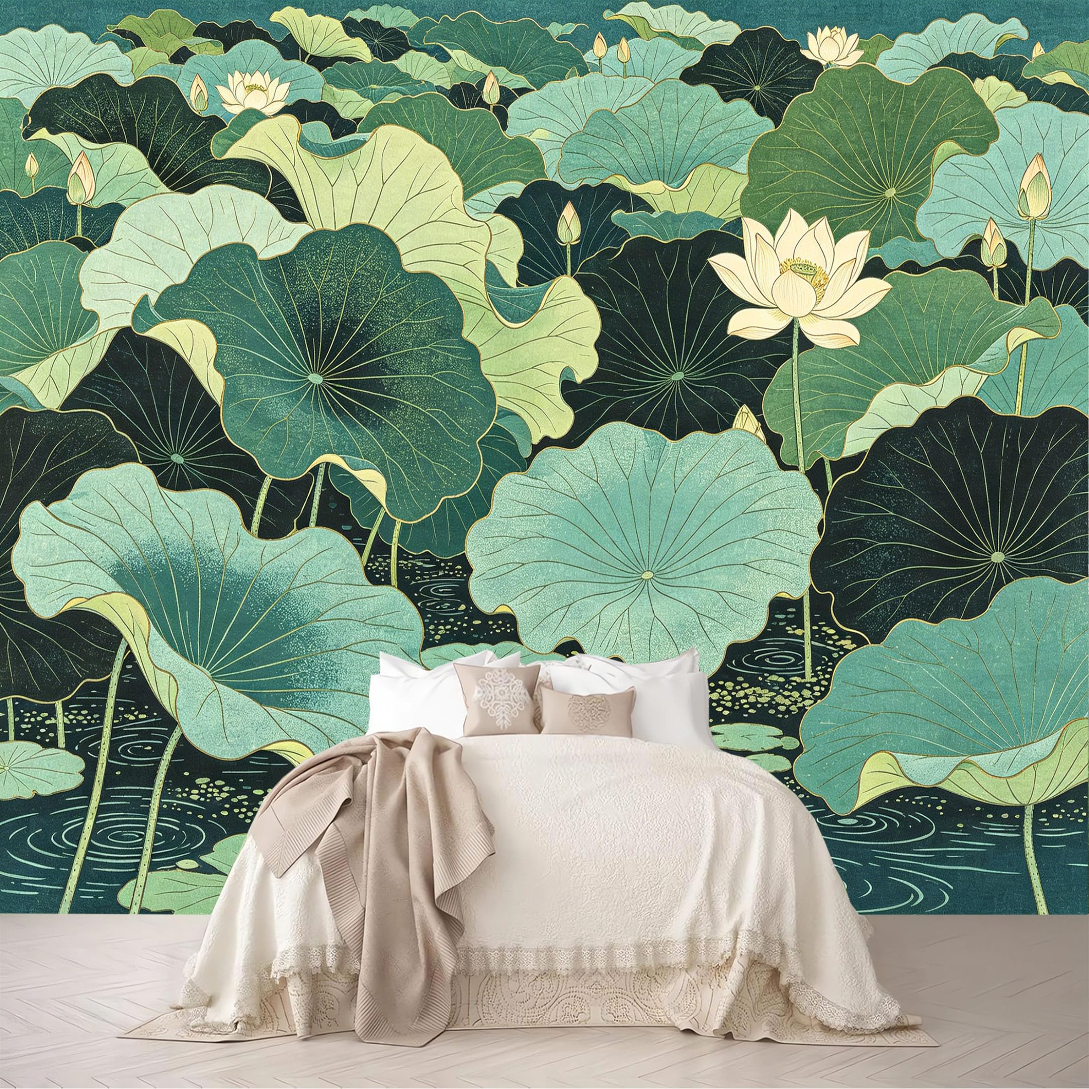 Dskjoviality Ab260706070 Custom Size Wall Murals Vintage Lotus Leaf Pond Ukiyo-E Print Removable Self-Adhesive For Bedroom Living Room Dining Room